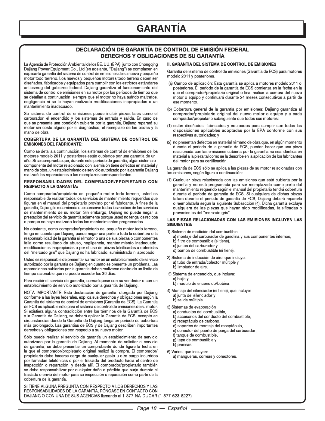 Homelite UT80516 Declaración De Garantía De Control De Emisión Federal, Derechos Y Obligaciones De Su Garantía 