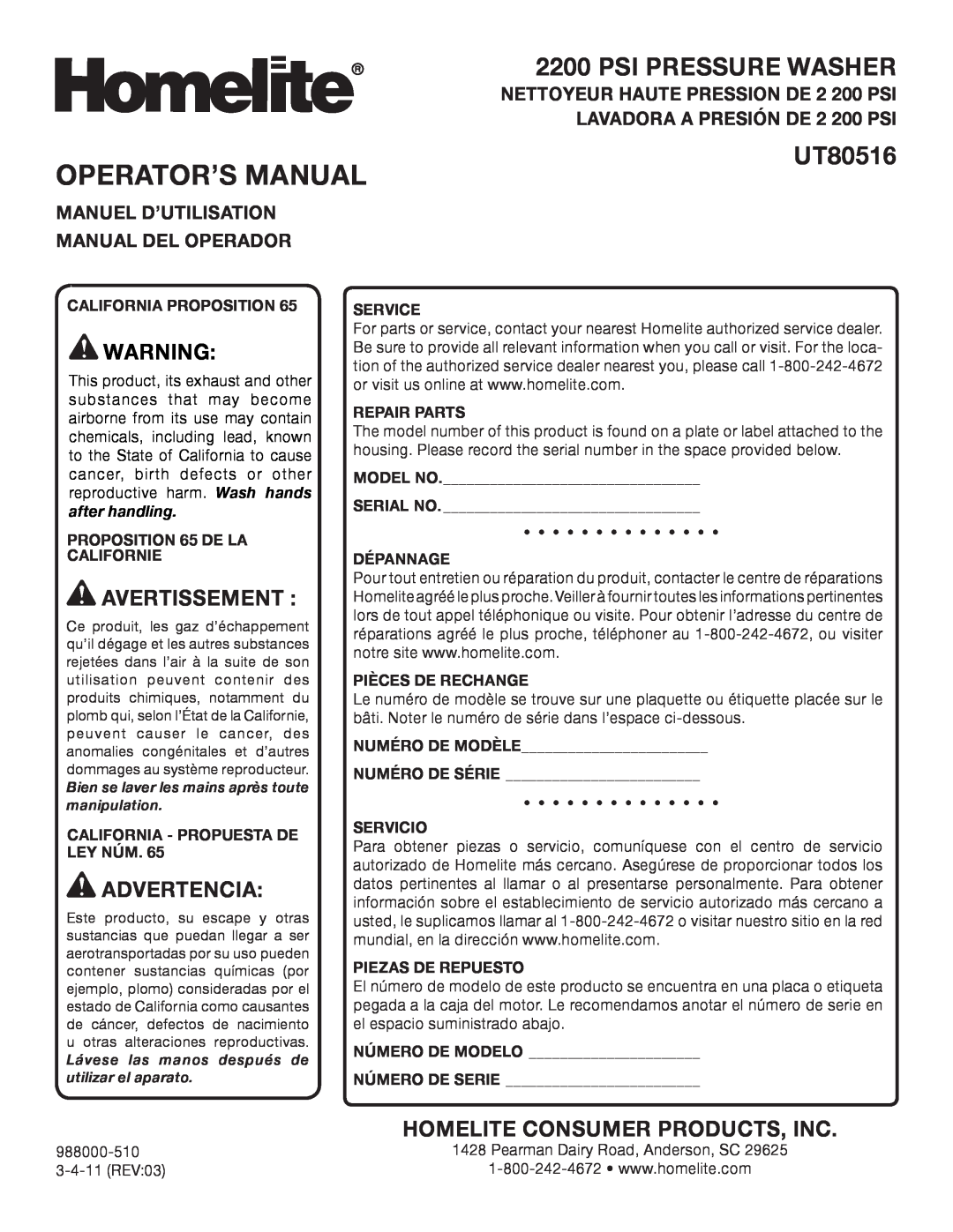 Homelite UT80516 Operator’S Manual, Psi Pressure Washer, Avertissement , Advertencia, Homelite Consumer Products, Inc 