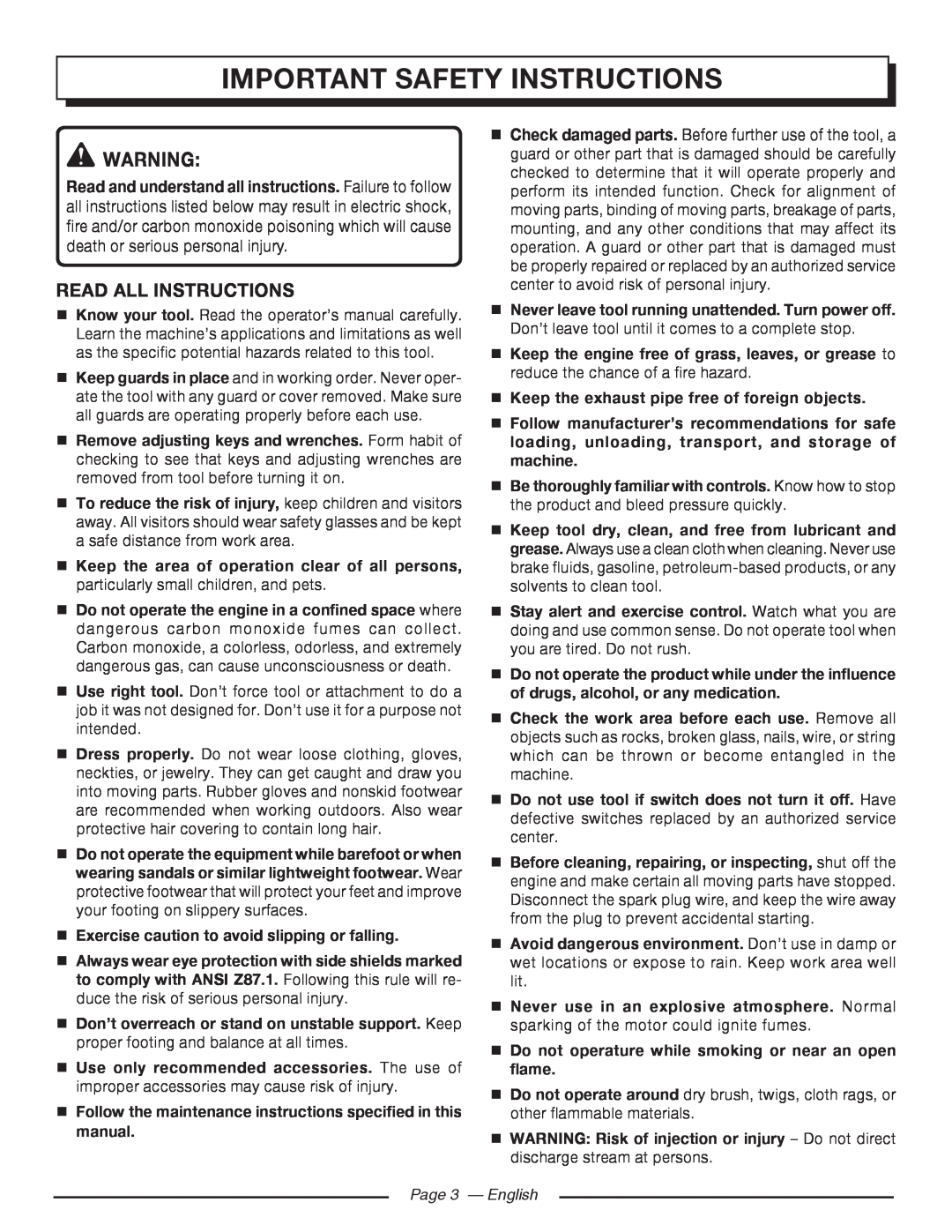 Homelite UT80516 important safety instructions, Read All Instructions,  Exercise caution to avoid slipping or falling 