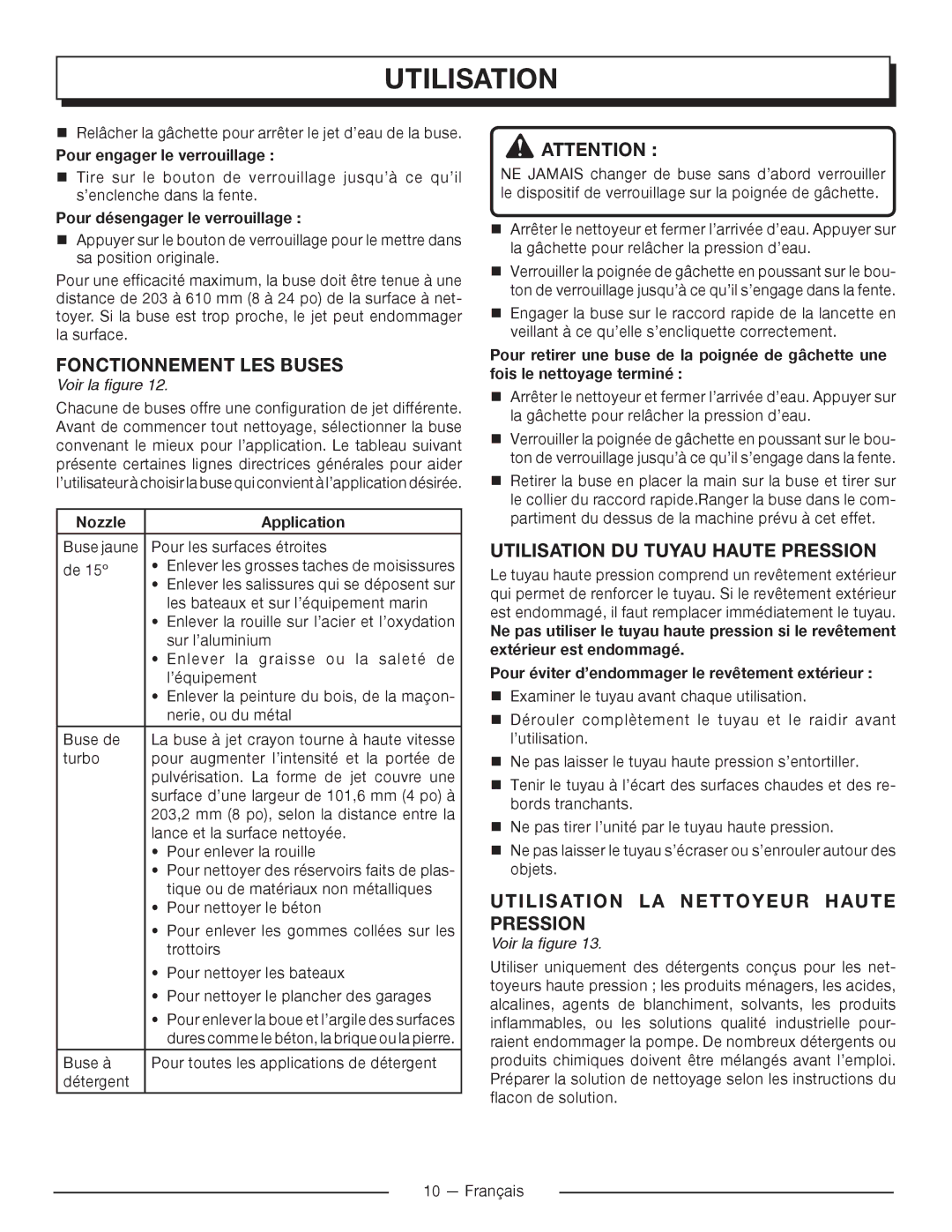 Homelite UT80715 Fonctionnement LES Buses, Utilisation DU Tuyau Haute Pression, Utilisation LA Nettoyeur Haute Pression 