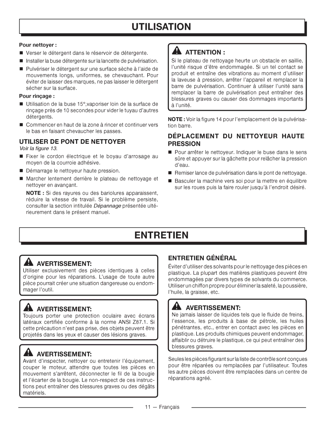 Homelite UT80715 Utiliser DE Pont DE Nettoyer, Déplacement DU Nettoyeur Haute Pression, Entretien Général 