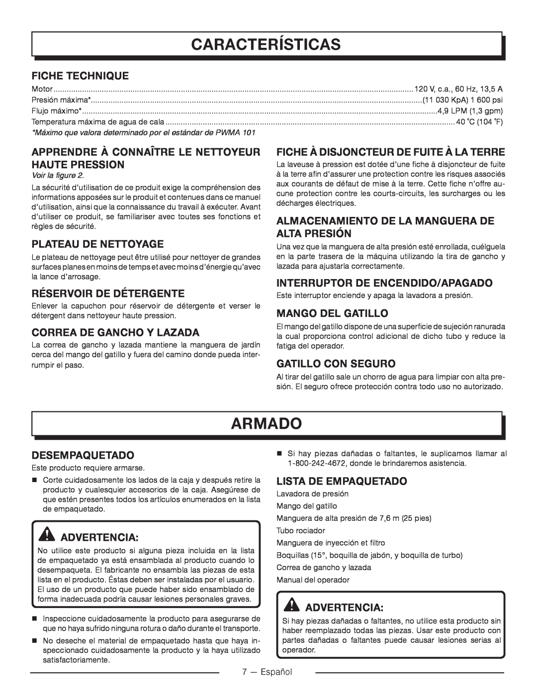 Homelite UT80715 Características, Armado, Correa De Gancho Y Lazada, Almacenamiento De La Manguera De Alta Presión 