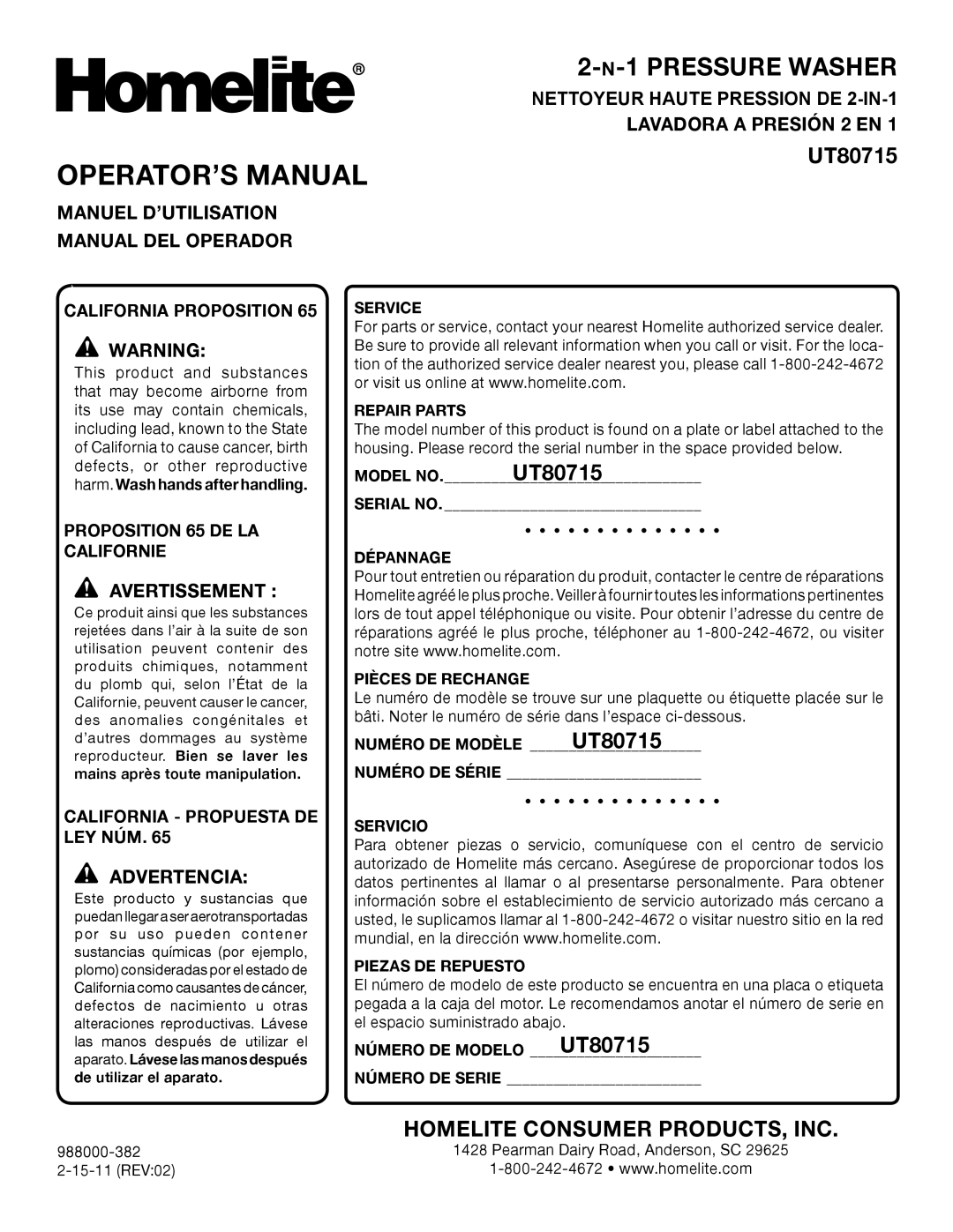 Homelite UT80715 Operator’S Manual, 2-N-1 PRESSURE WASHER, Homelite Consumer Products, Inc, Avertissement , Service 