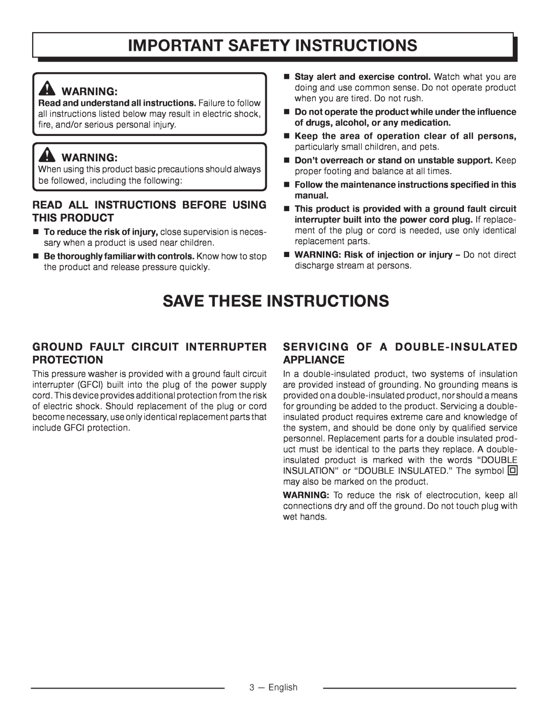 Homelite UT80715 Important Safety Instructions, Save These Instructions, Read All Instructions Before Using This Product 