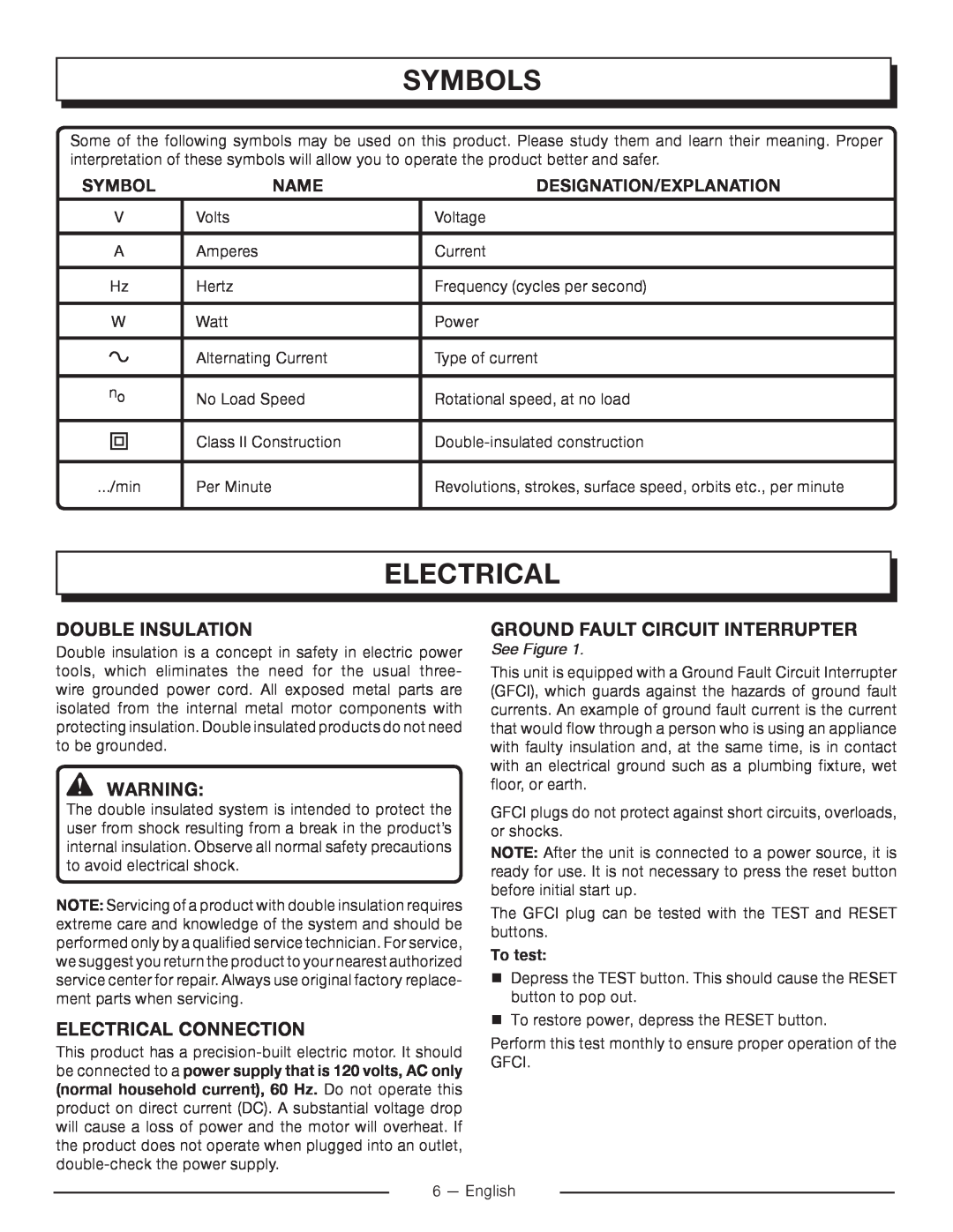 Homelite UT80715 Double Insulation, Electrical Connection, Ground Fault Circuit Interrupter, See Figure, To test, Name 