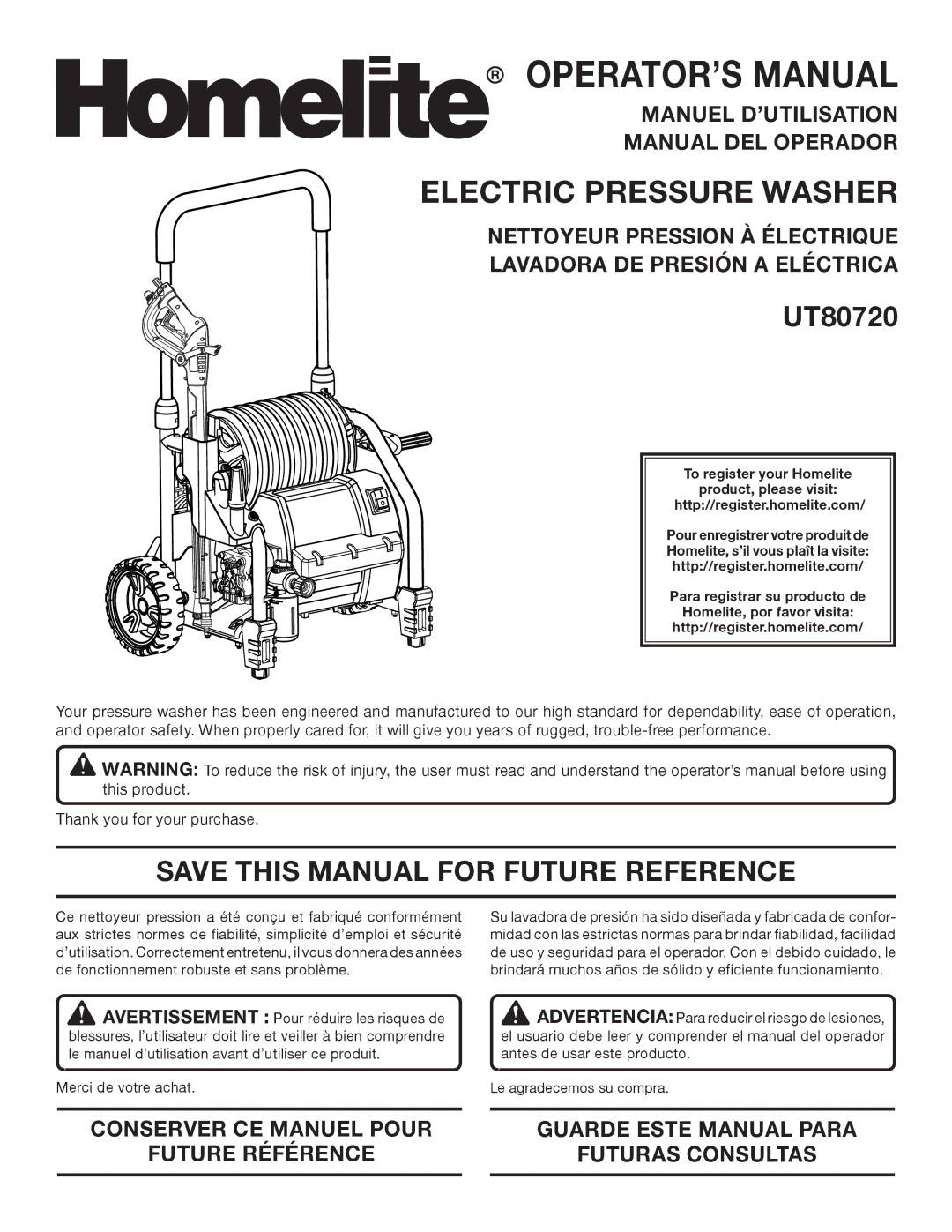 Homelite UT80720 manuel dutilisation Save this Manual for Future Reference, Merci de votre achat 