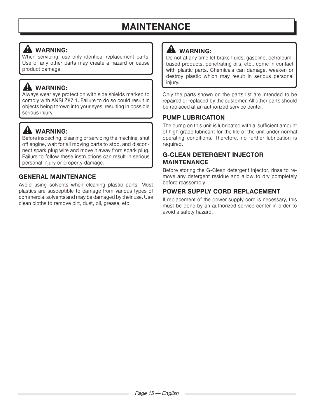 Homelite UT80720 manuel dutilisation General Maintenance, Pump Lubrication, Clean Detergent Injector Maintenance 