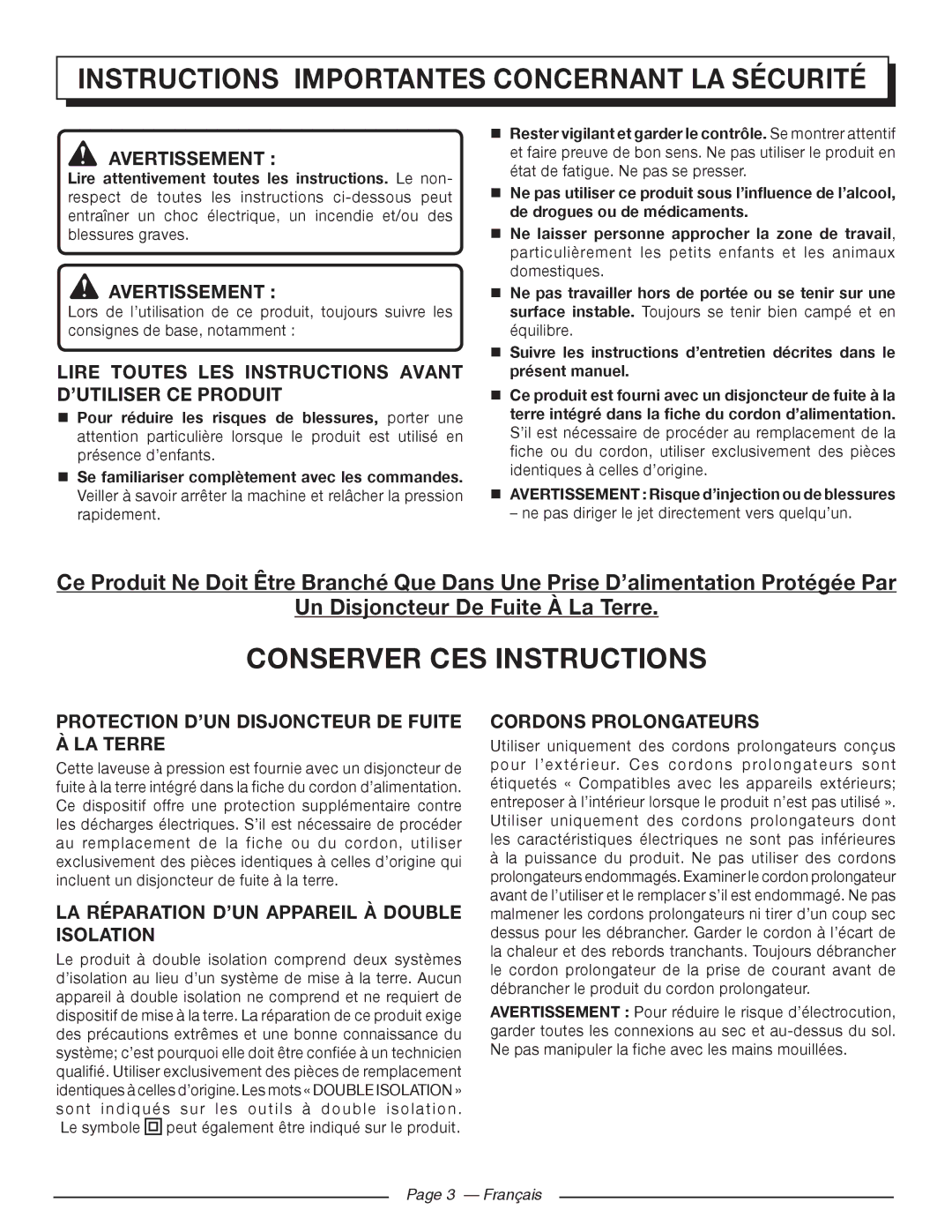 Homelite UT80720 manuel dutilisation Instructions Importantes Concernant LA Sécurité, Conserver CES Instructions 