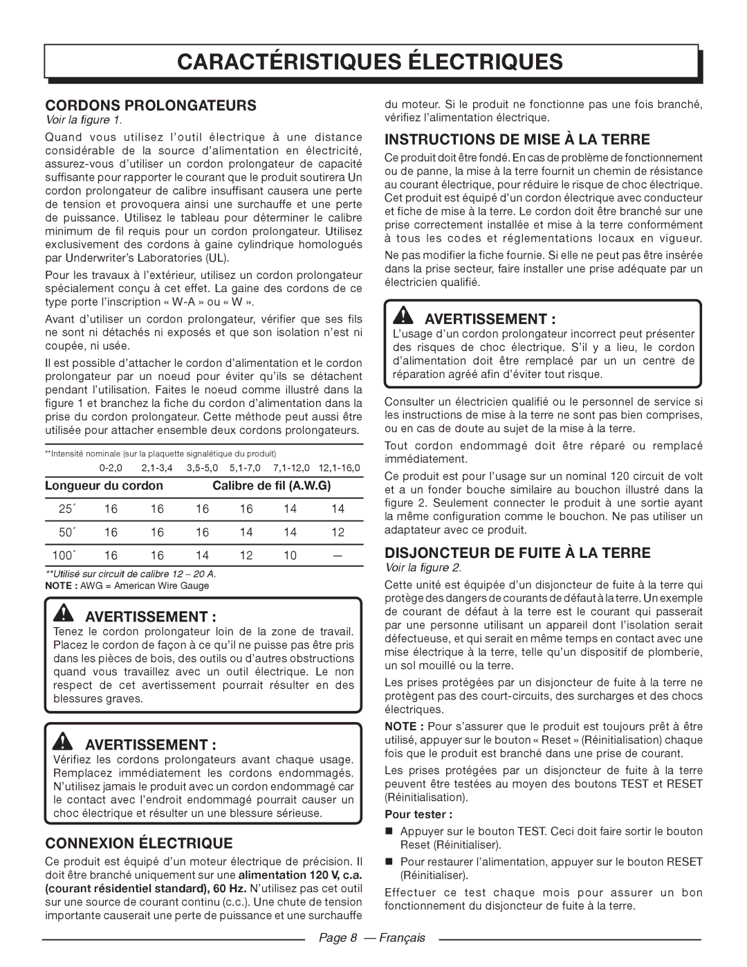 Homelite UT80720 manuel dutilisation Caractéristiques Électriques, Connexion Électrique, Instructions DE Mise À LA Terre 