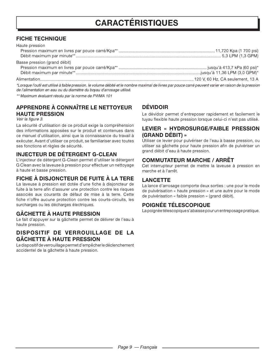 Homelite UT80720 manuel dutilisation Caractéristiques 