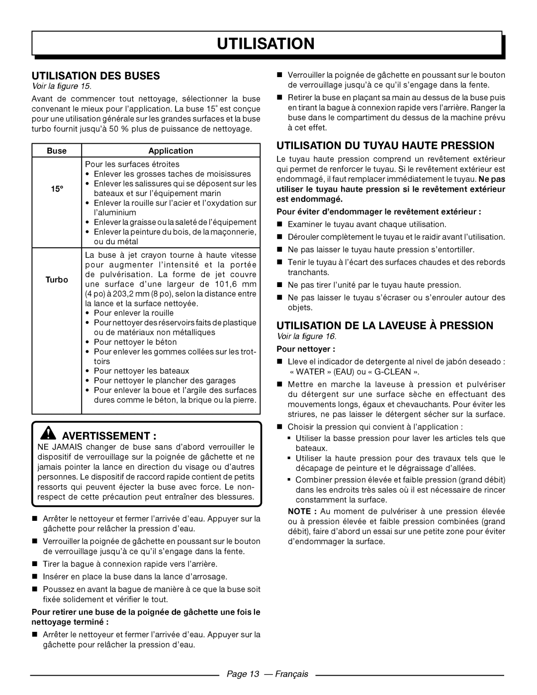 Homelite UT80720 Utilisation DES Buses, Utilisation DU Tuyau Haute Pression, Utilisation DE LA Laveuse À Pression 