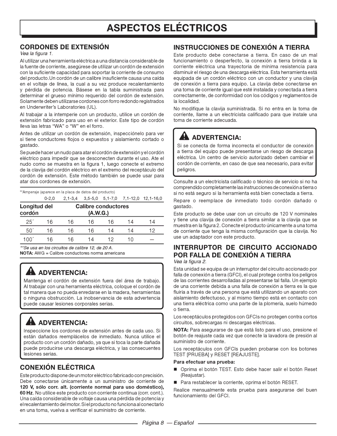 Homelite UT80720 Aspectos Eléctricos, Conexión Eléctrica, Instrucciones DE Conexión a Tierra, Página 8 Español 