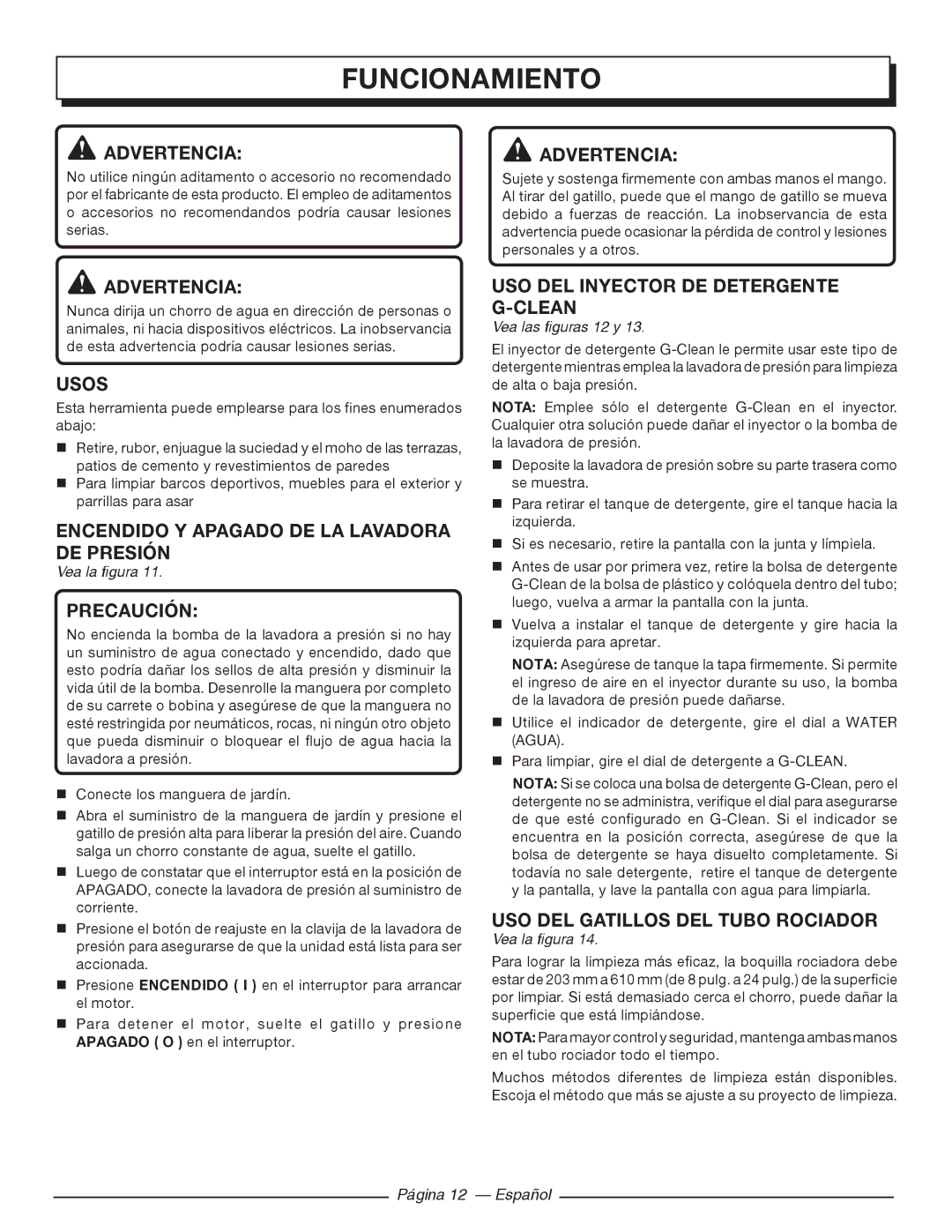 Homelite UT80720 Usos, Encendido Y Apagado DE LA Lavadora DE Presión, USO DEL Inyector DE Detergente G-CLEAN 