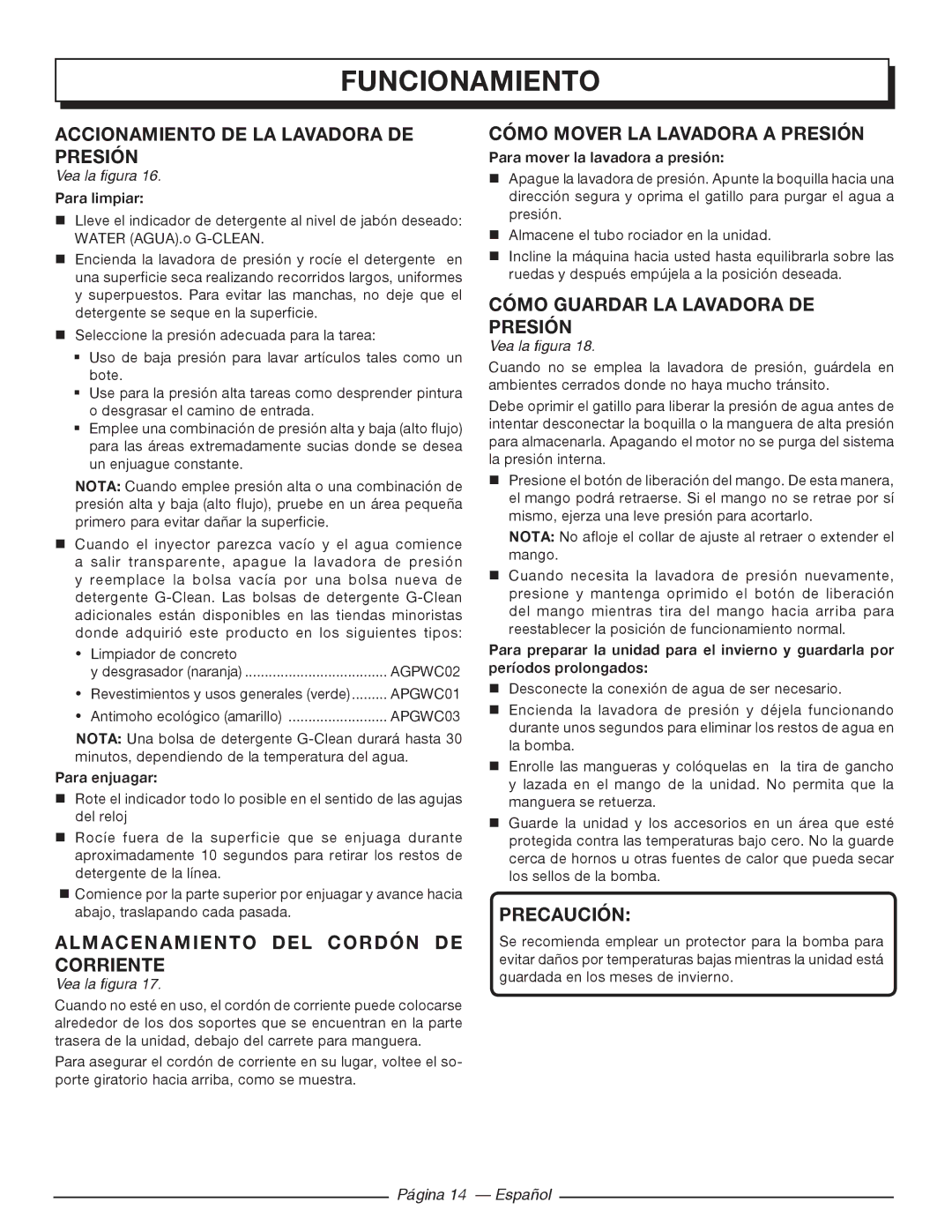 Homelite UT80720 manuel dutilisation Accionamiento DE LA Lavadora DE Presión, Almacenamiento DEL Cordón DE Corriente 