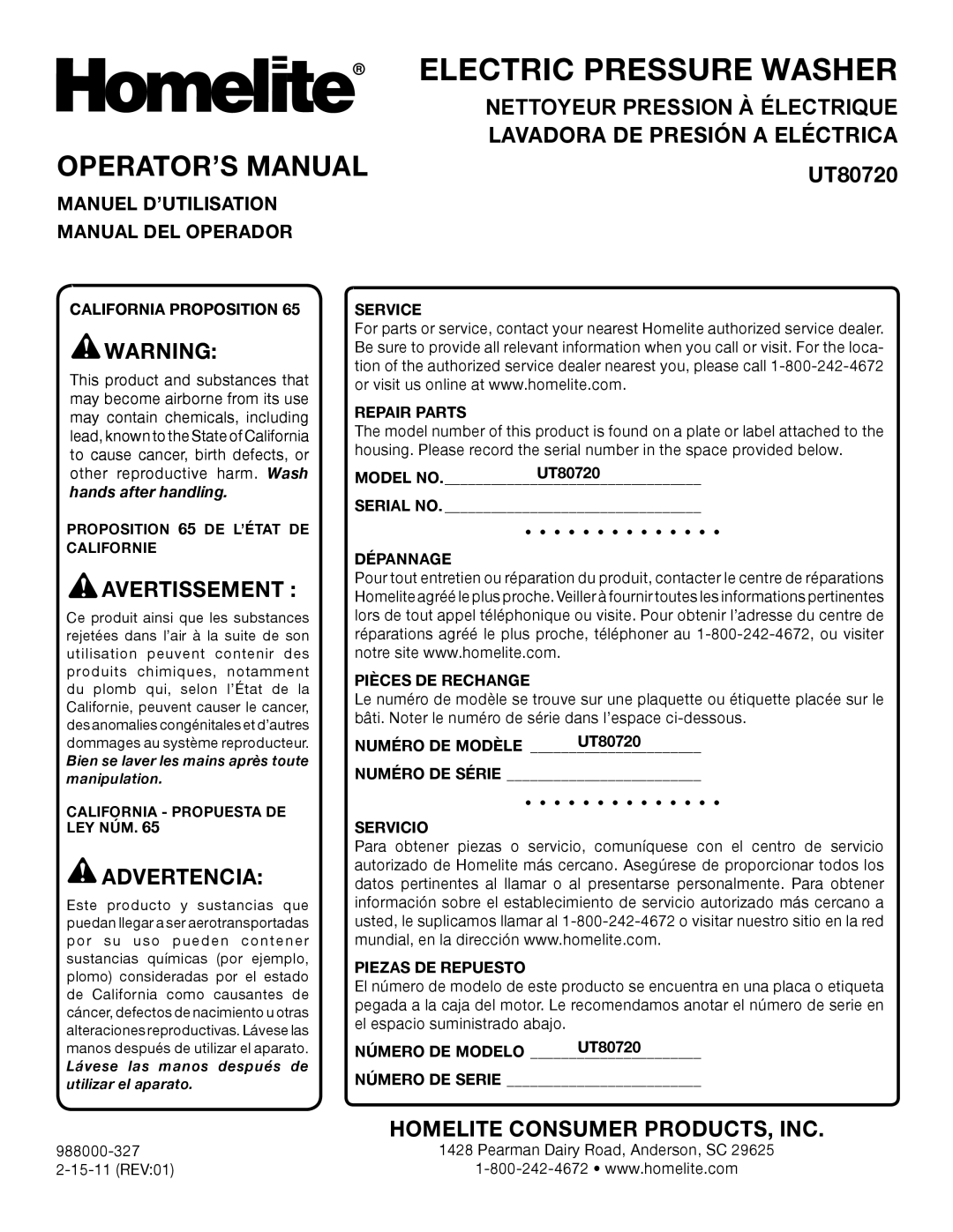 Homelite UT80720 manuel dutilisation OPERATOR’S Manual, Manuel D’UTILISATION Manual DEL Operador 