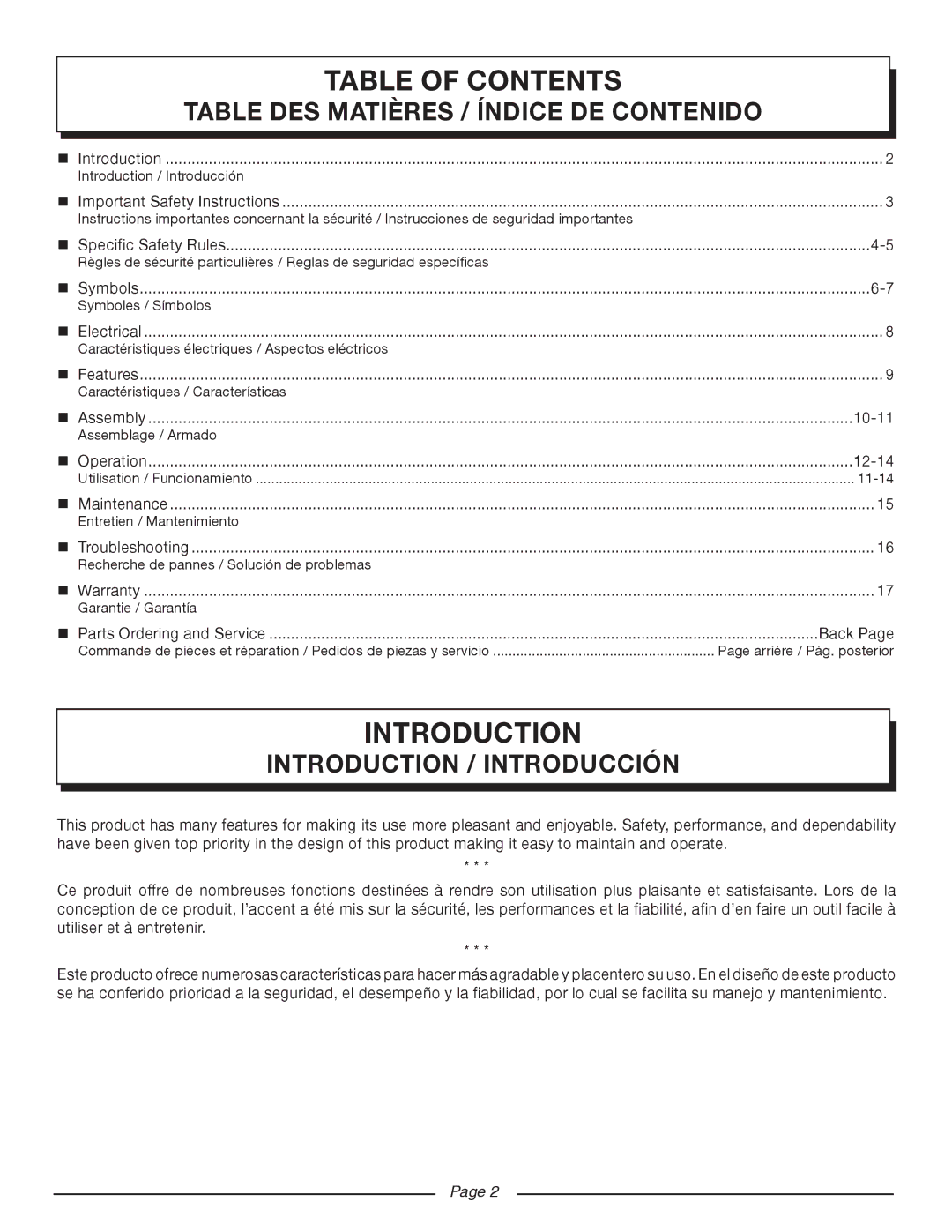 Homelite UT80720 manuel dutilisation Introduction, Table of Contents 