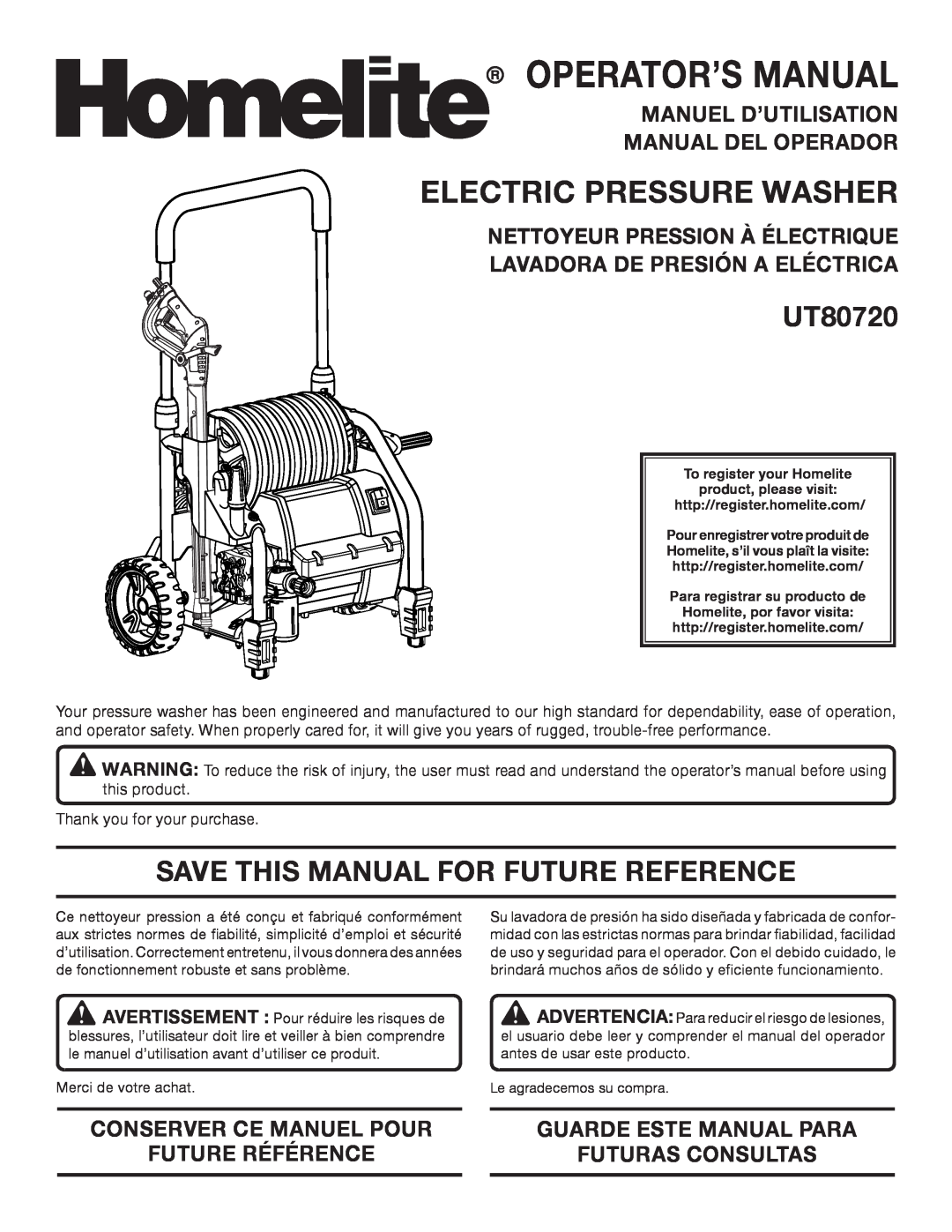Homelite UT80720 manuel dutilisation Electric Pressure Washer, Save This Manual For Future Reference, Future Référence 