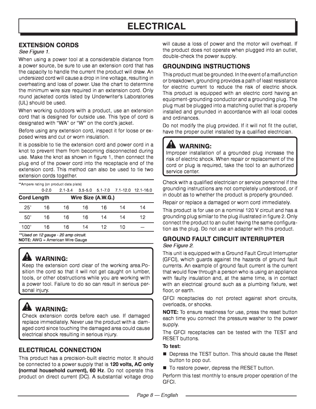 Homelite UT80720 Electrical Connection, Grounding Instructions, Ground Fault Circuit Interrupter, See Figure 