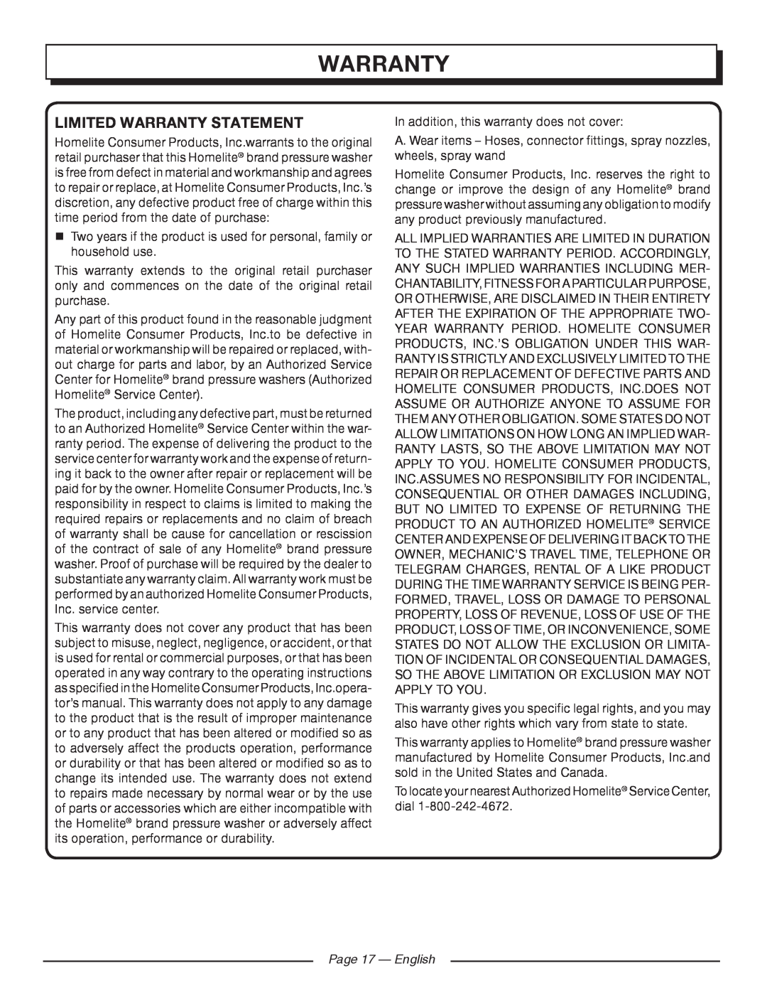 Homelite UT80720 manuel dutilisation Limited Warranty Statement, Page 17 - English 