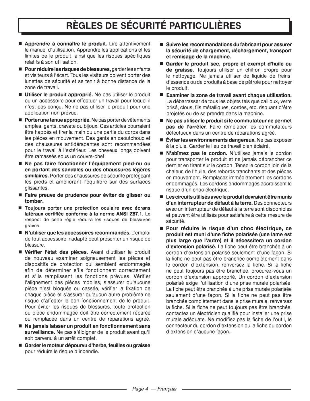 Homelite UT80720 manuel dutilisation Règles De Sécurité Particulières, Page 4 - Français 