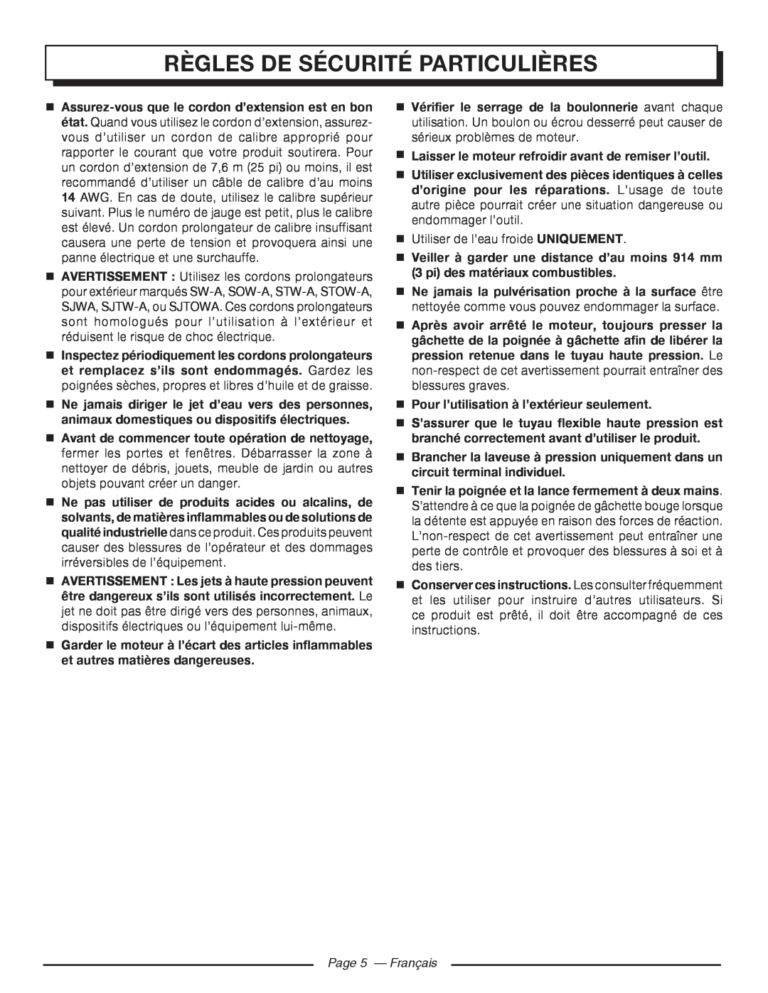 Homelite UT80720 Page 5 - Français, Règles De Sécurité Particulières,  Assurez-vous que le cordon d’extension est en bon 