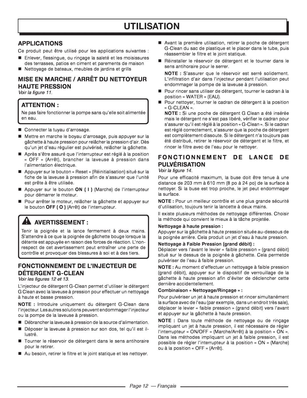 Homelite UT80720 Mise En Marche / Arrêt Du Nettoyeur Haute Pression, Fonctionnement De L’Injecteur De Détergent­G-Clean 