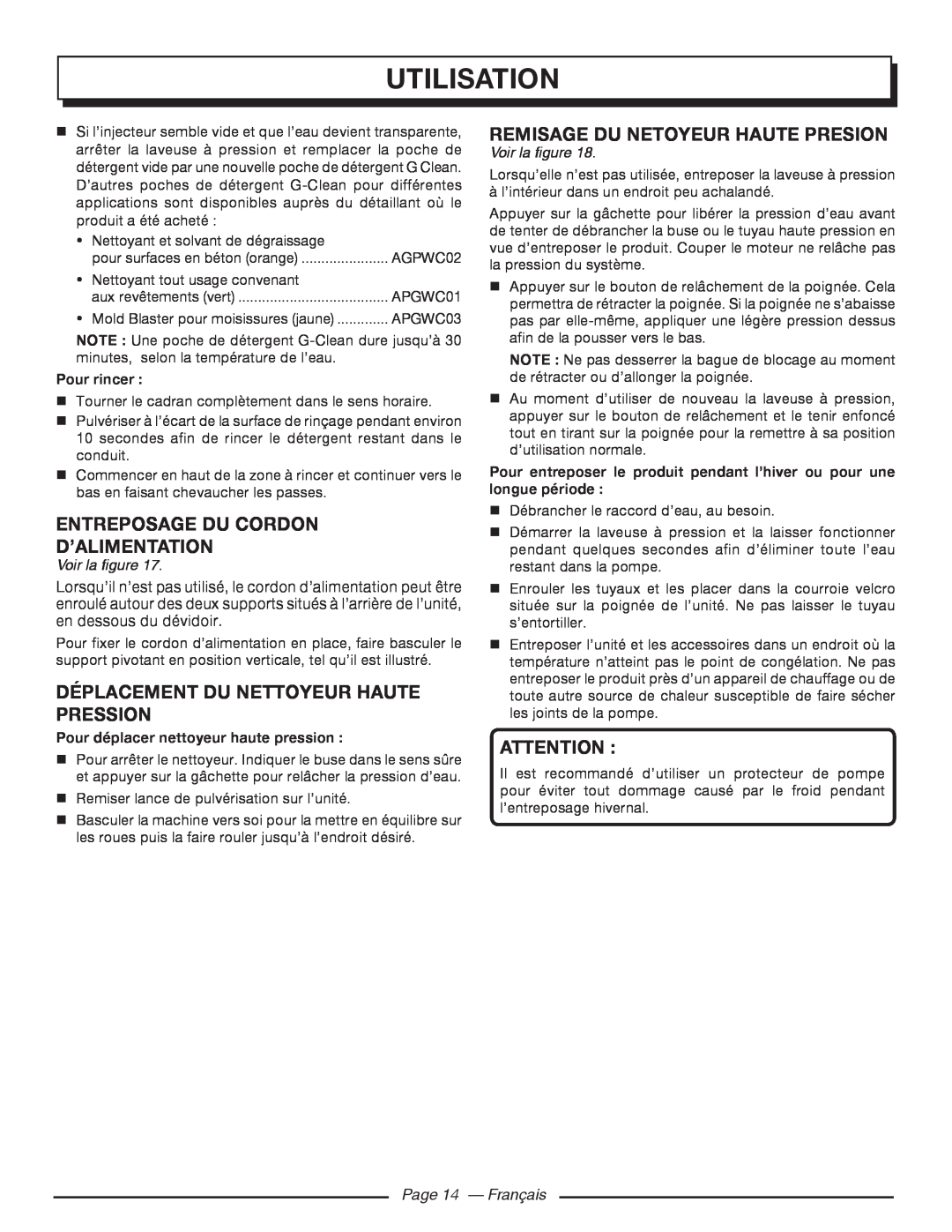 Homelite UT80720 Entreposage Du Cordon D’Alimentation, Déplacement Du Nettoyeur Haute Pression, Page 14 - Français 