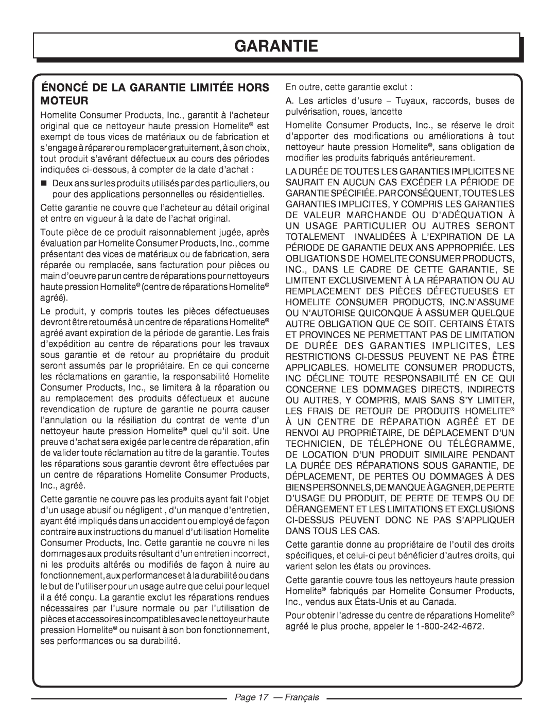 Homelite UT80720 manuel dutilisation Énoncé De La Garantie Limitée Hors Moteur, Page 17 - Français 