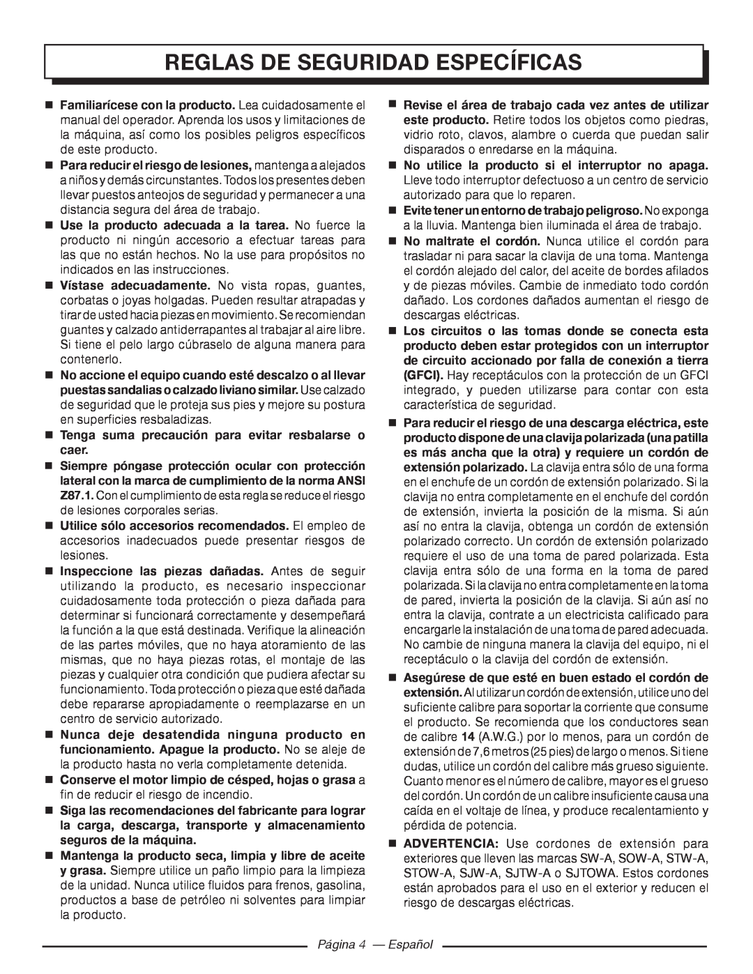 Homelite UT80720 manuel dutilisation Reglas De Seguridad Específicas, Página 4 - Español 
