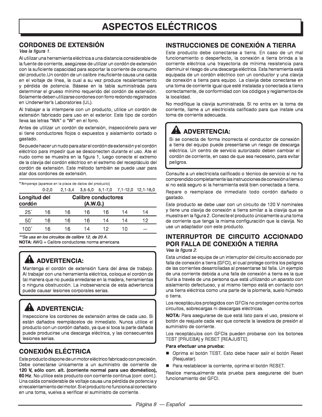 Homelite UT80720 Aspectos Eléctricos, Conexión Eléctrica, Instrucciones De Conexión A Tierra, Página 8 - Español 