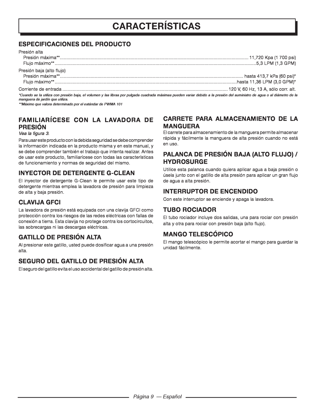 Homelite UT80720 Características, Especificaciones Del Producto, Familiarícese Con La Lavadora De Presión, Clavija Gfci 