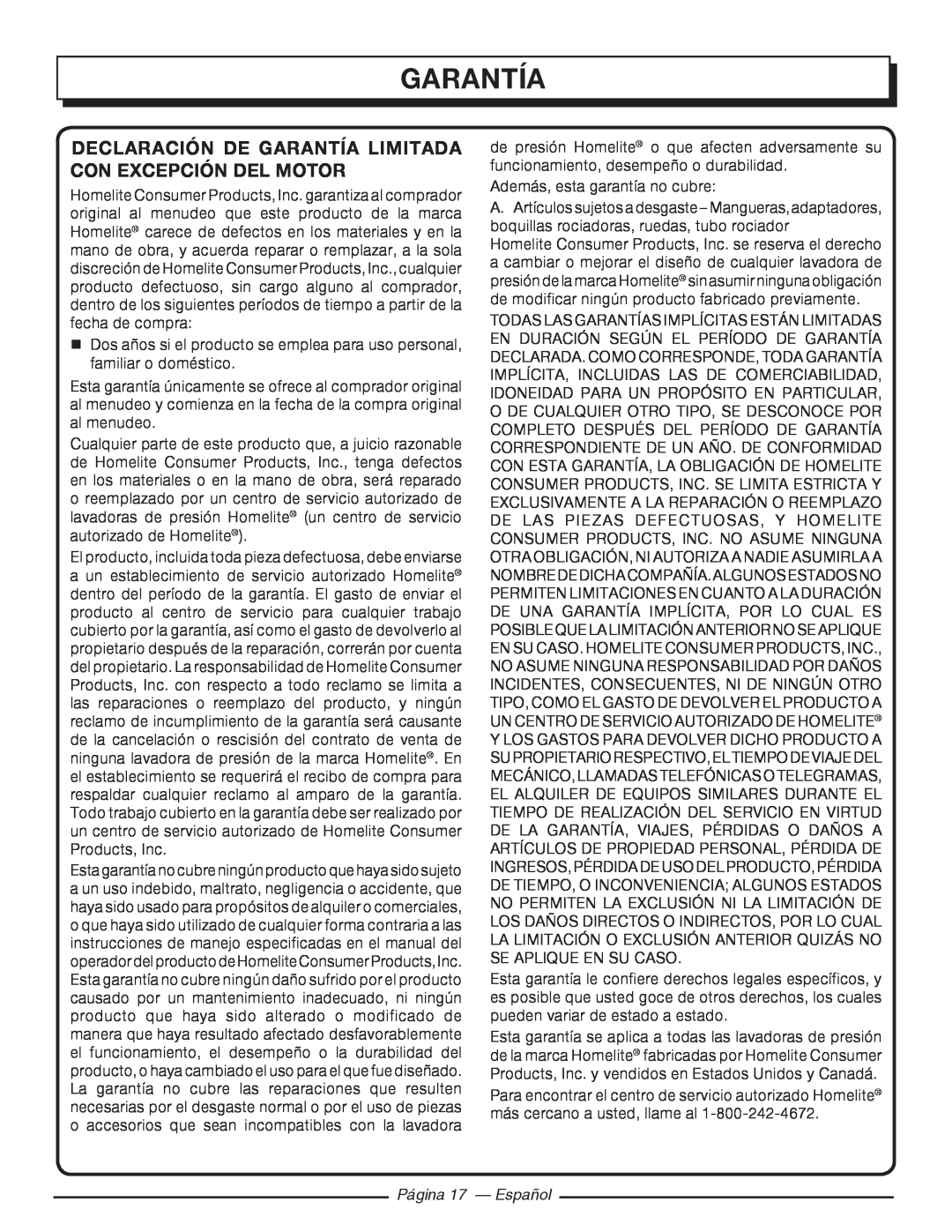 Homelite UT80720 manuel dutilisation Declaración De Garantía Limitada Con Excepción Del Motor, Página 17 - Español 