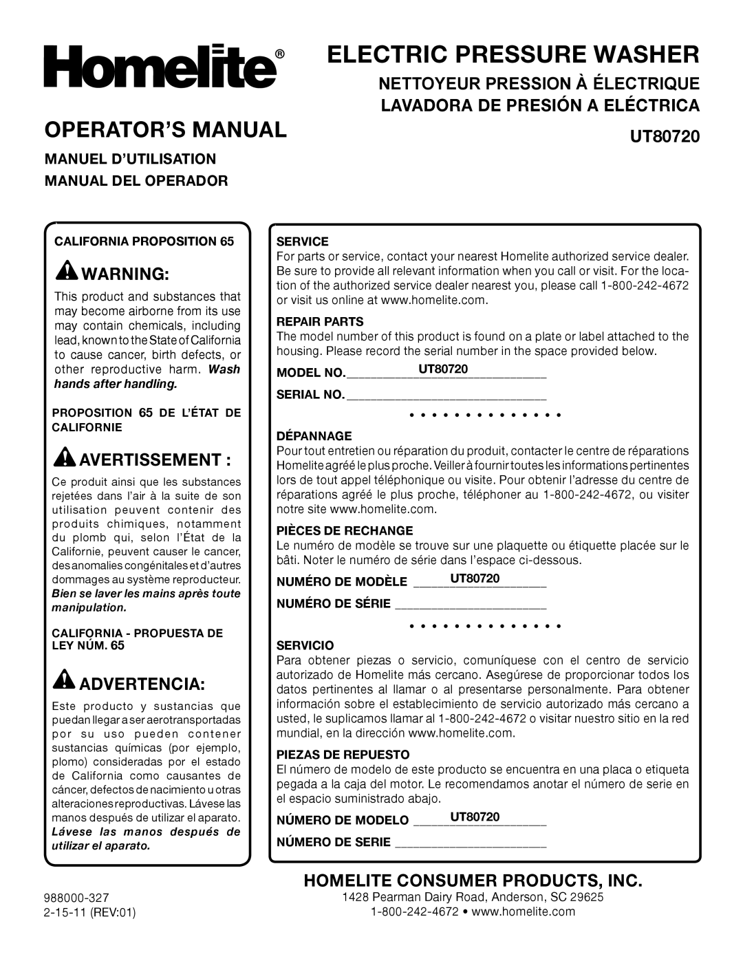Homelite UT80720 Operator’S Manual, Avertissement , Advertencia, Homelite Consumer Products, Inc, Electric Pressure Washer 