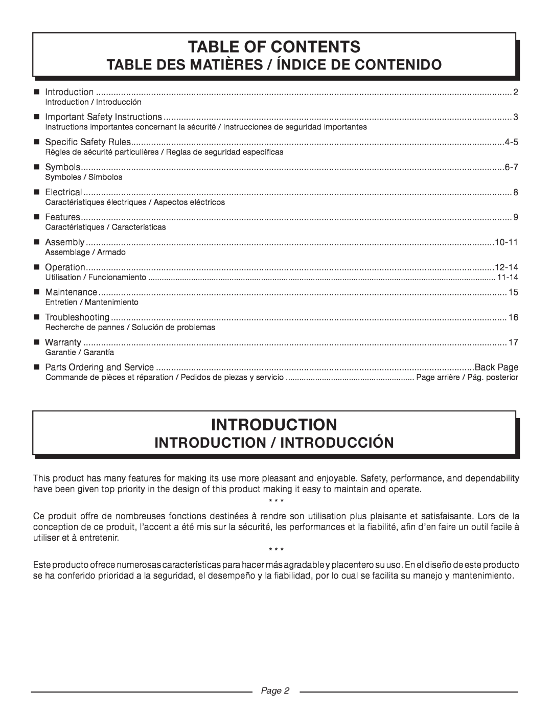 Homelite UT80720 manuel dutilisation Introduction, Page, Table Of Contents, Table Des Matières / Índice De Contenido 