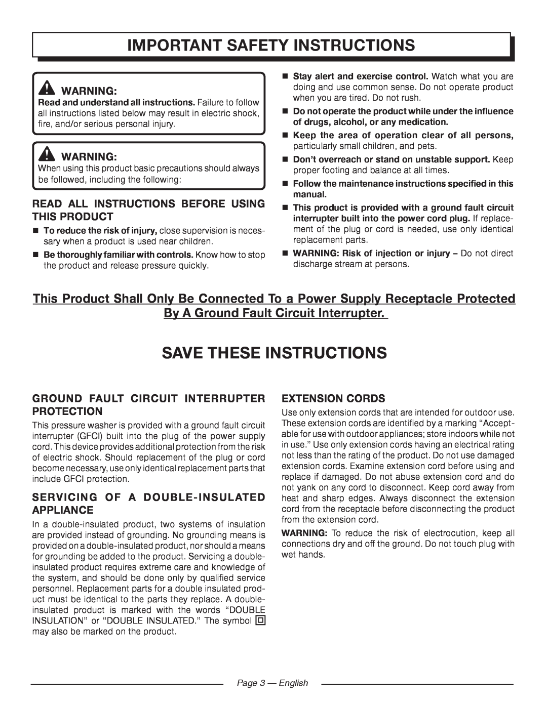 Homelite UT80720 Important Safety Instructions, Save These Instructions, By A Ground Fault Circuit Interrupter 