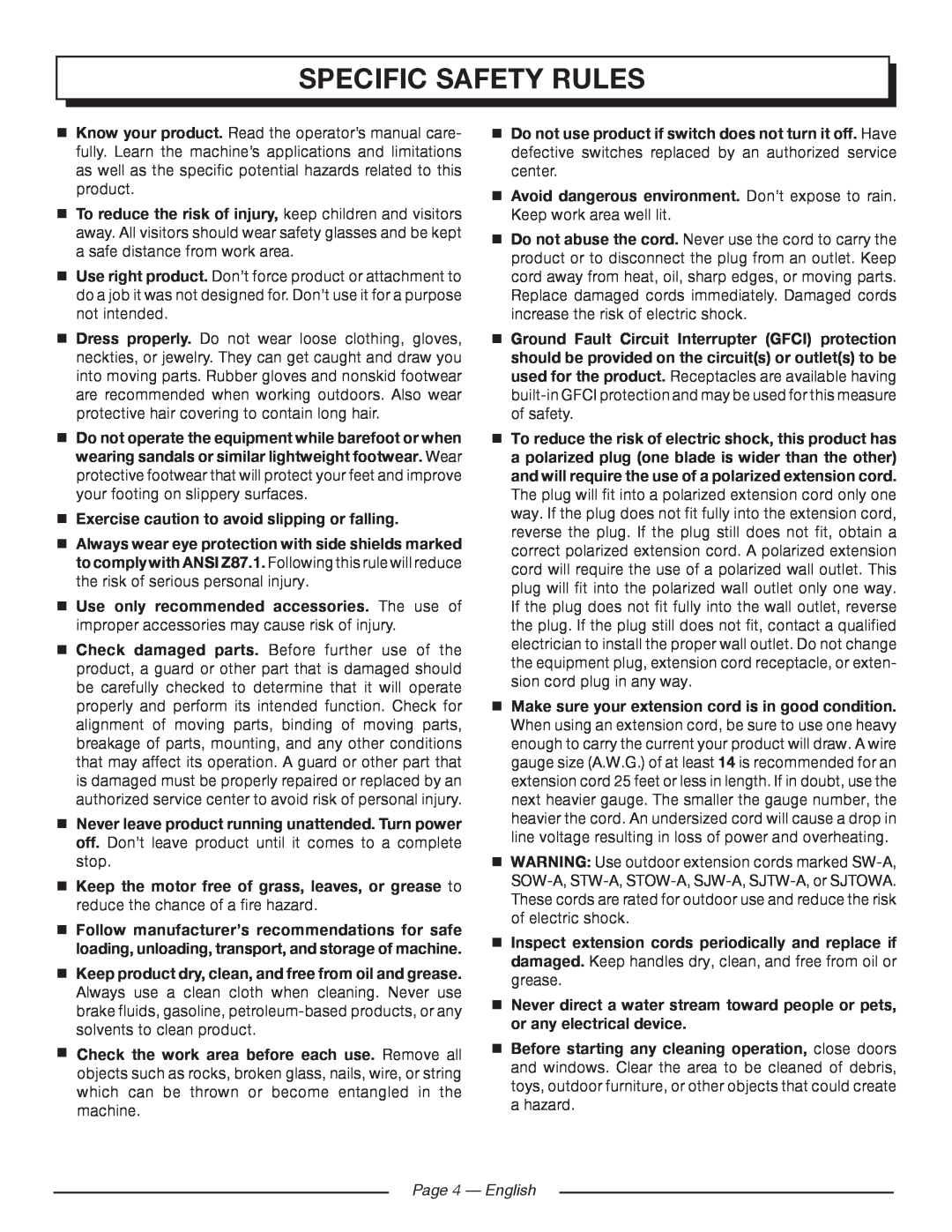 Homelite UT80720 manuel dutilisation Specific Safety Rules, Page 4 - English 
