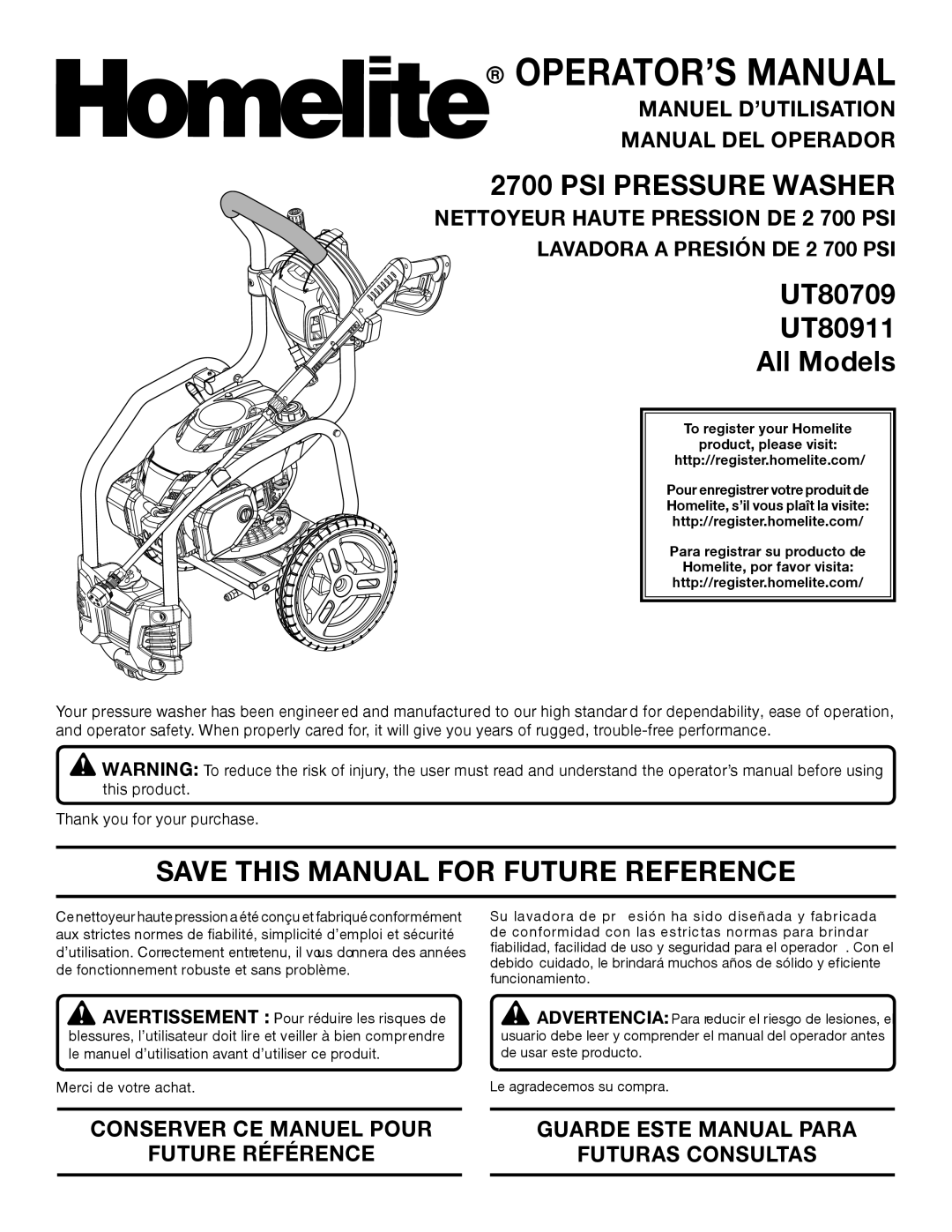 Homelite UT80709, UT80911 manuel dutilisation PSI Pressure Washer, Save this Manual for Future Reference 