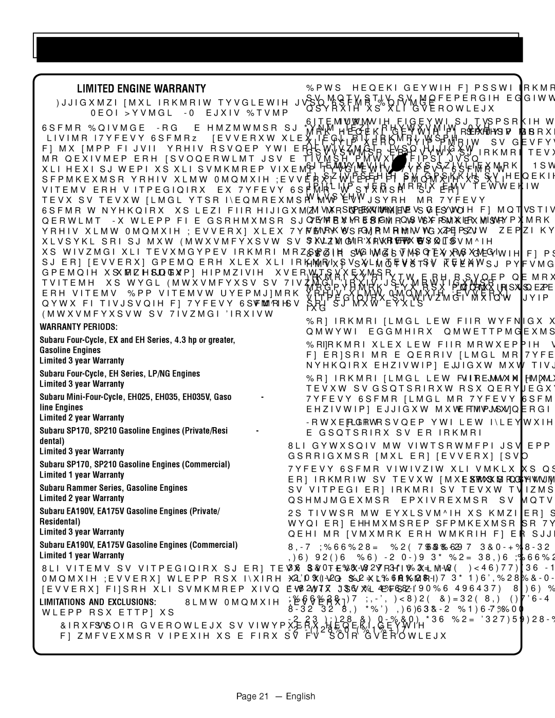 Homelite UT80709, UT80911 manuel dutilisation Limited Engine Warranty, Warranty Periods, English 