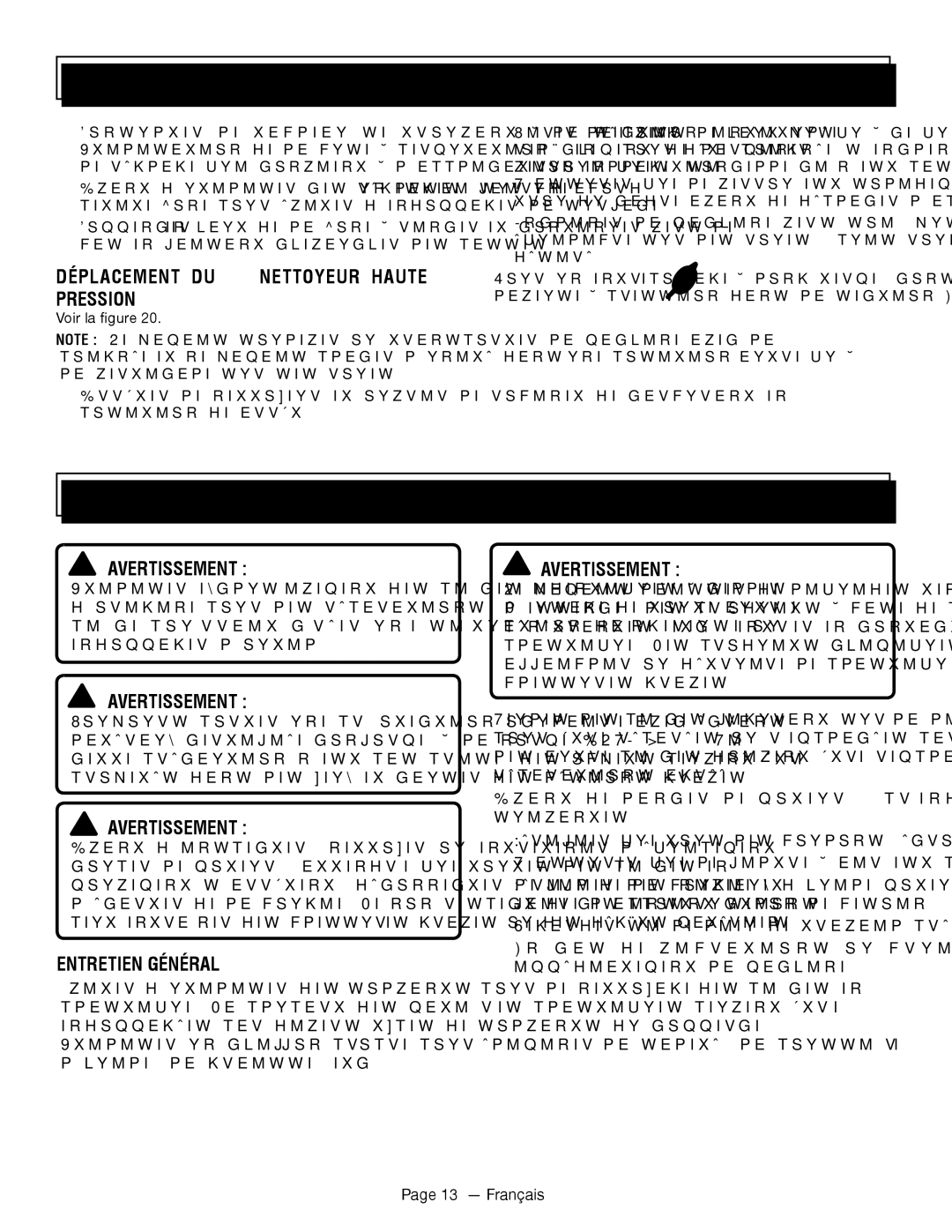 Homelite UT80911, UT80709 manuel dutilisation Déplacement DU Nettoyeur Haute Pression, Entretien Général, Français 