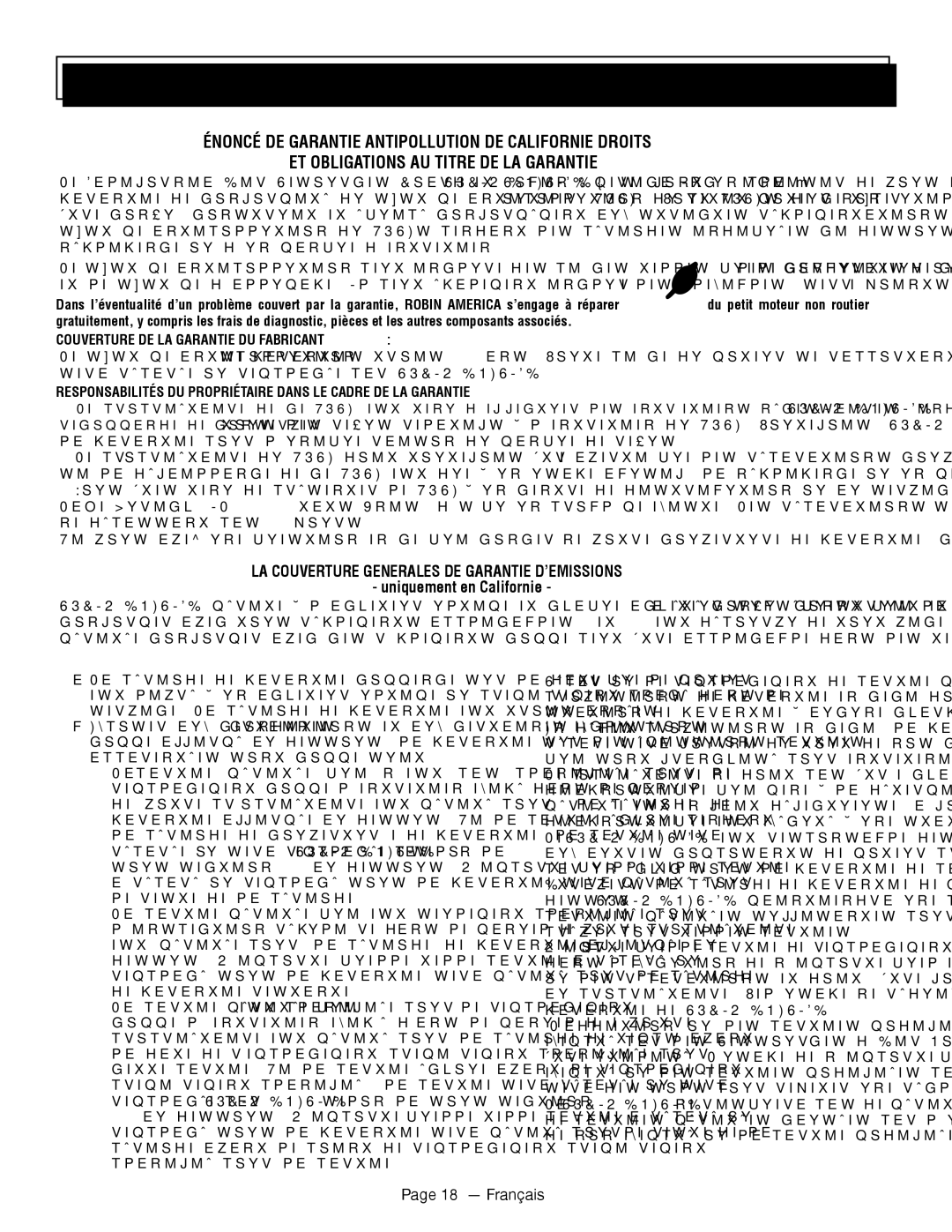 Homelite UT80709, UT80911 LA Couverture Generales DE Garantie D’EMISSIONS, Uniquement en Californie, Français 