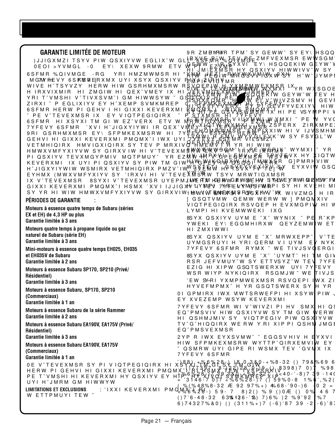 Homelite UT80911, UT80709 manuel dutilisation Garantie Limitée DE Moteur, Périodes DE GARANTIE , Français 