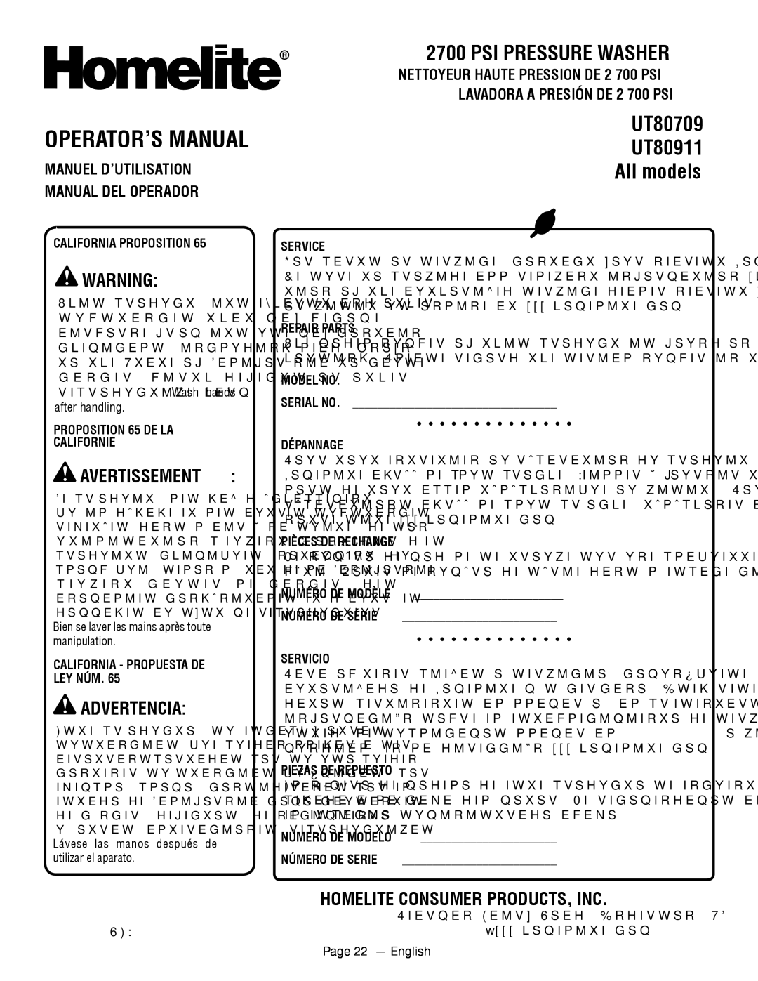 Homelite UT80911, UT80709 OPERATOR’S Manual, Lavadora a Presión DE 2 700 PSI, Manuel D’UTILISATION, Manual DEL Operador 