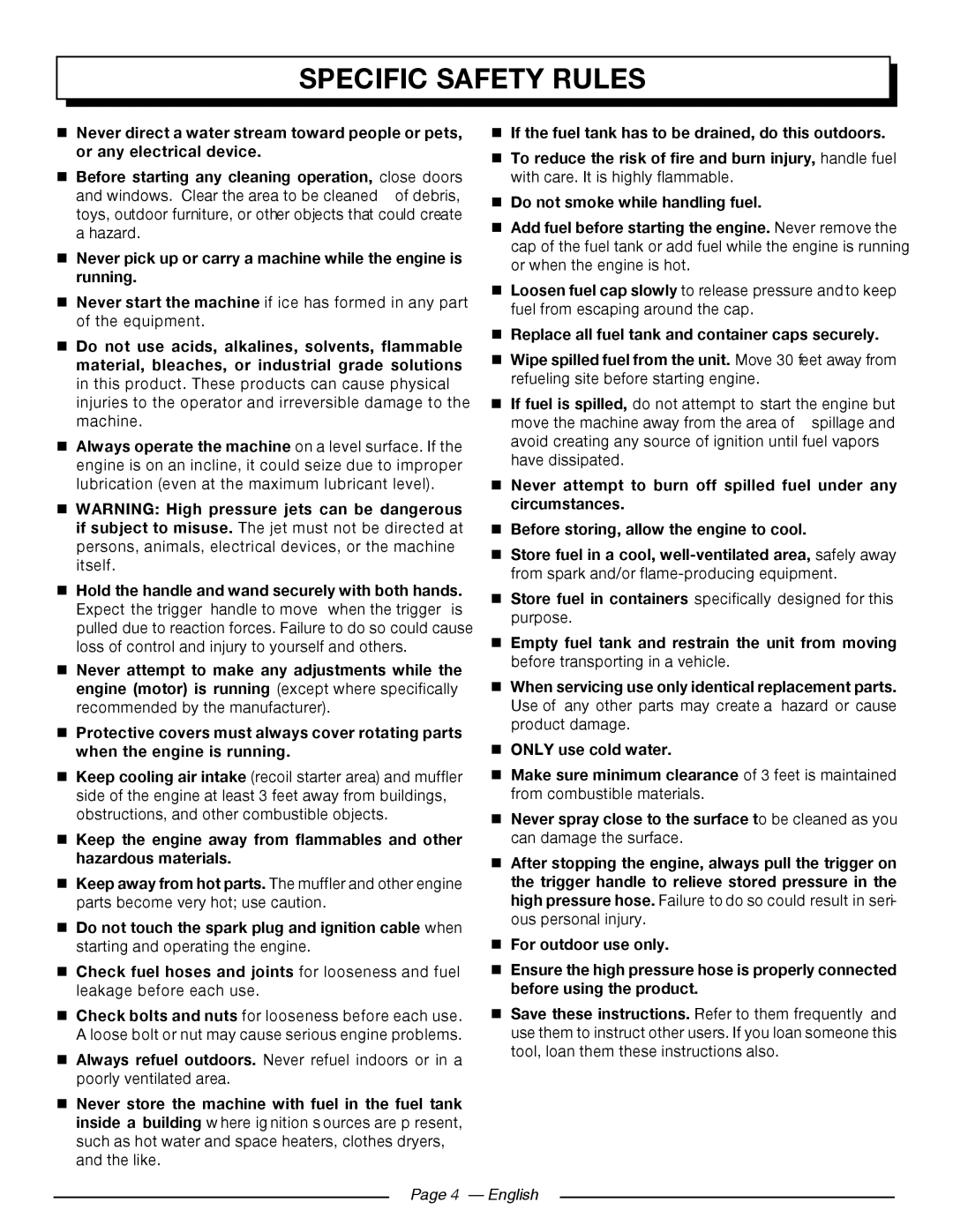 Homelite UT80911, UT80709 manuel dutilisation Specific Safety Rules, Page 4 - English 