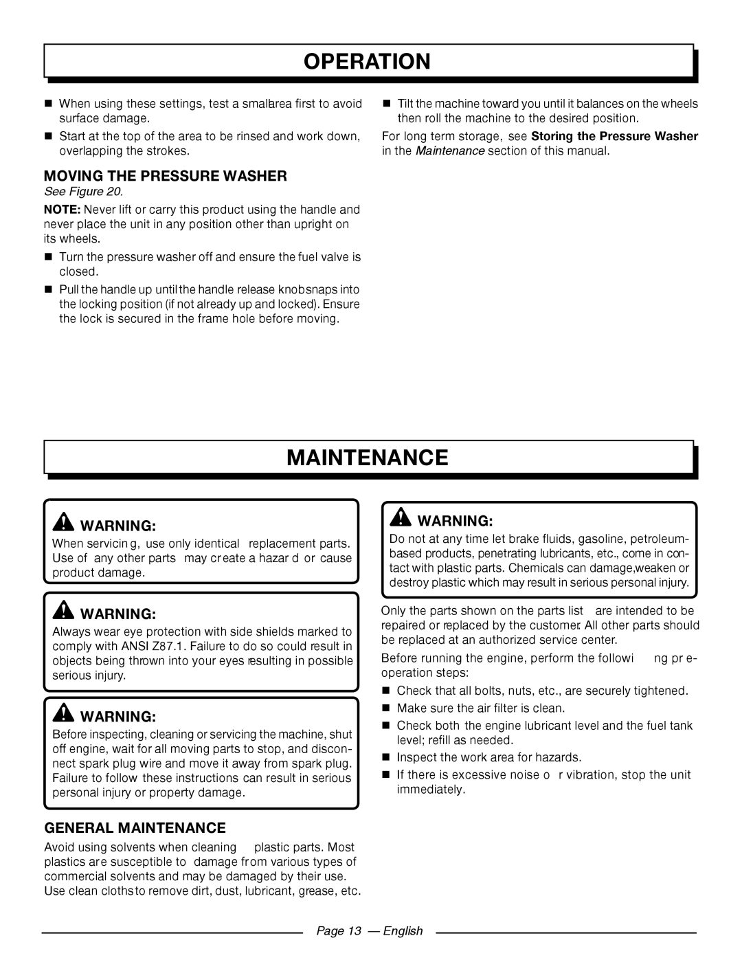 Homelite UT80709, UT80911 Moving The Pressure Washer, General Maintenance, Operation, See Figure, Page 13 - English 