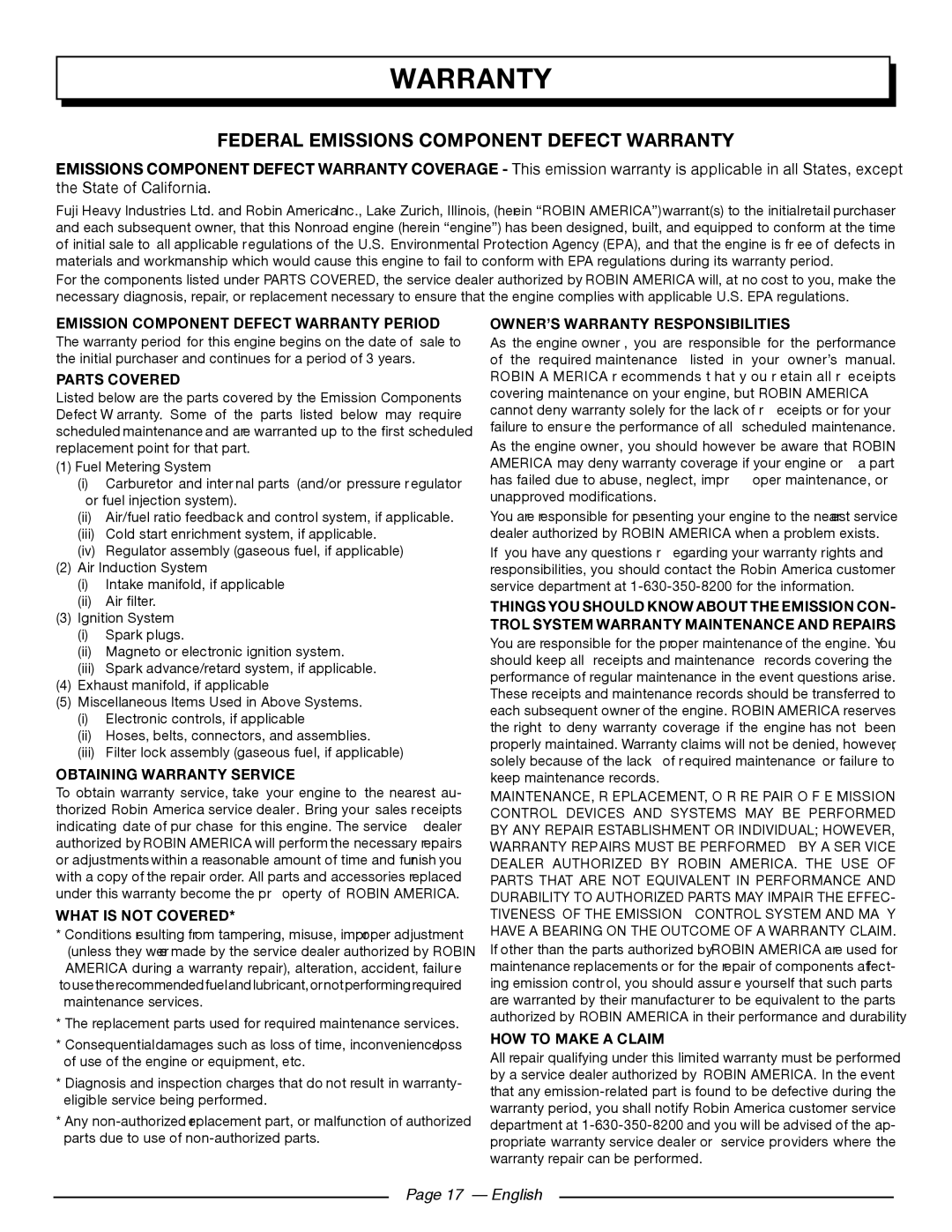 Homelite UT80709, UT80911 manuel dutilisation Federal Emissions Component Defect Warranty, Page 17 - English 