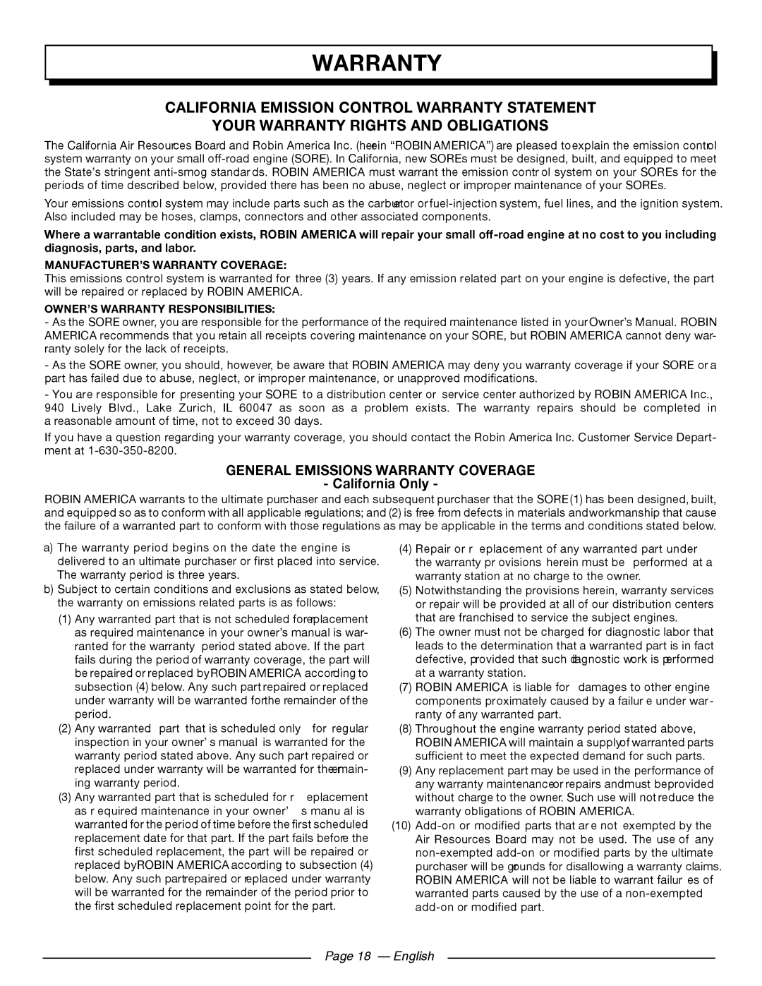 Homelite UT80911 California Emission Control Warranty Statement, Your Warranty Rights And Obligations, Page 18 - English 