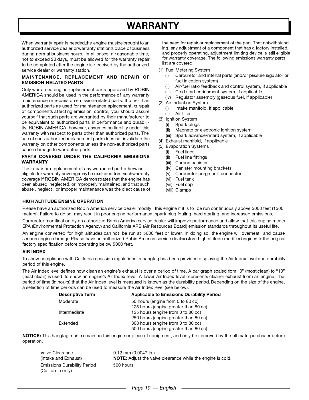 Homelite UT80709 Warranty, Page 19 - English, Maintenance, Replacement And Repair Of Emission-Related Parts, Air Index 