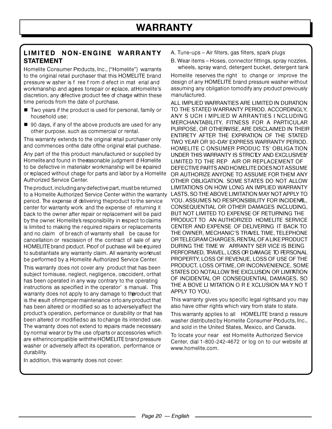 Homelite UT80911, UT80709 manuel dutilisation Limited Non - Engine Warranty Statement, Page 20 - English 