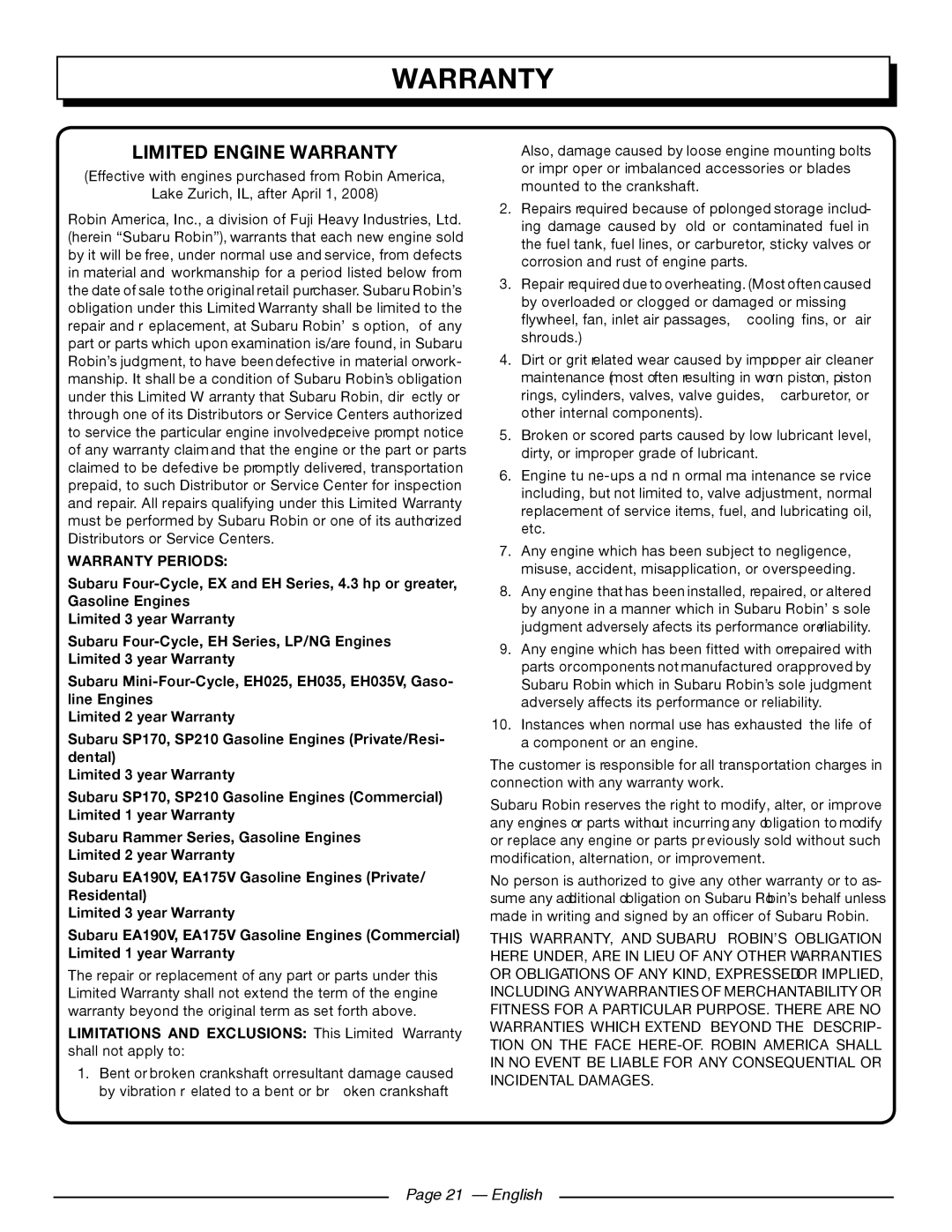 Homelite UT80709, UT80911 manuel dutilisation Limited Engine Warranty, Page 21 - English 
