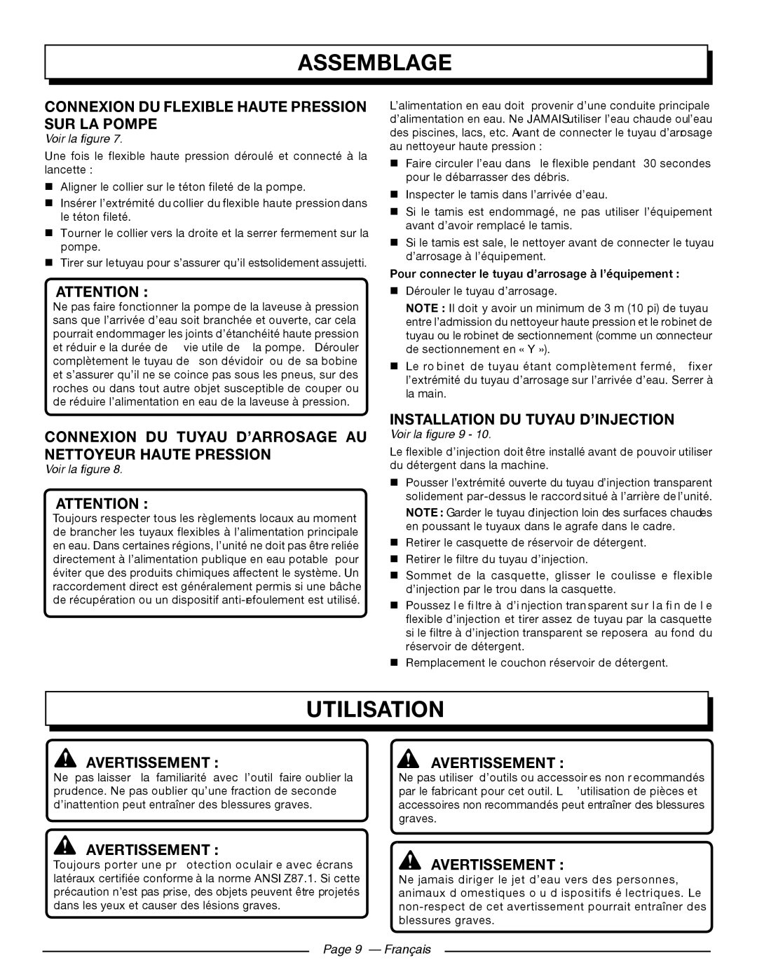 Homelite UT80911 Utilisation, Connexion Du Flexible Haute Pression Sur La Pompe, Installation Du Tuyau D’Injection 